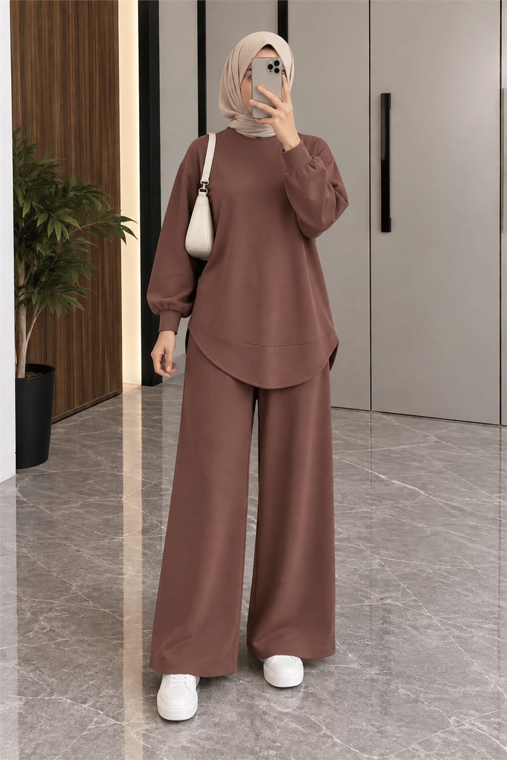 Osso Kumaş Balon Kol Tunik Pantolon Takım - Kahverengi 2097