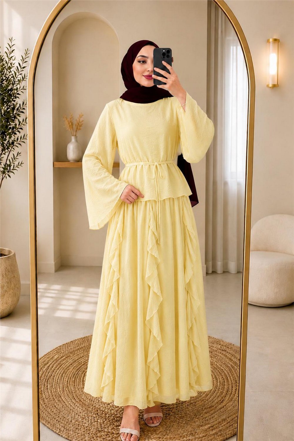 Takım Etek Fırfırlı Kumaş Lilium-Sarı