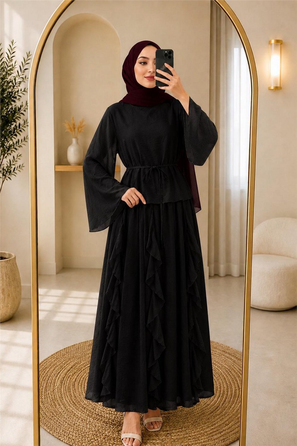 Takım Etek Fırfırlı Kumaş Lilium-Siyah