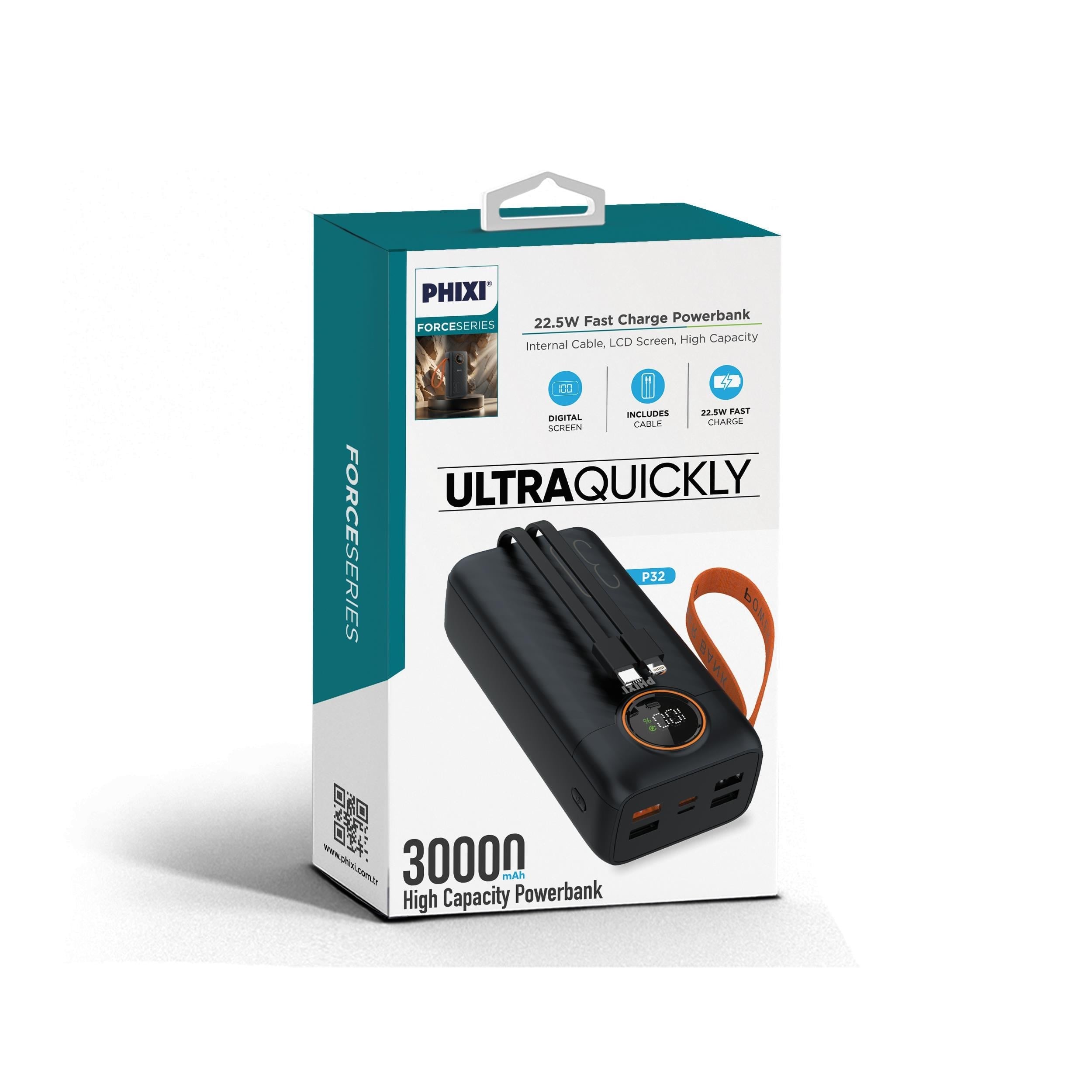 Phixi Force P32 30000mAh 22.5W Hızlı Şarj Cihazı - Dahili Kablolu - Fast Powerbank - Dijital Ekran - Taşınabilir Şarj Cihazı