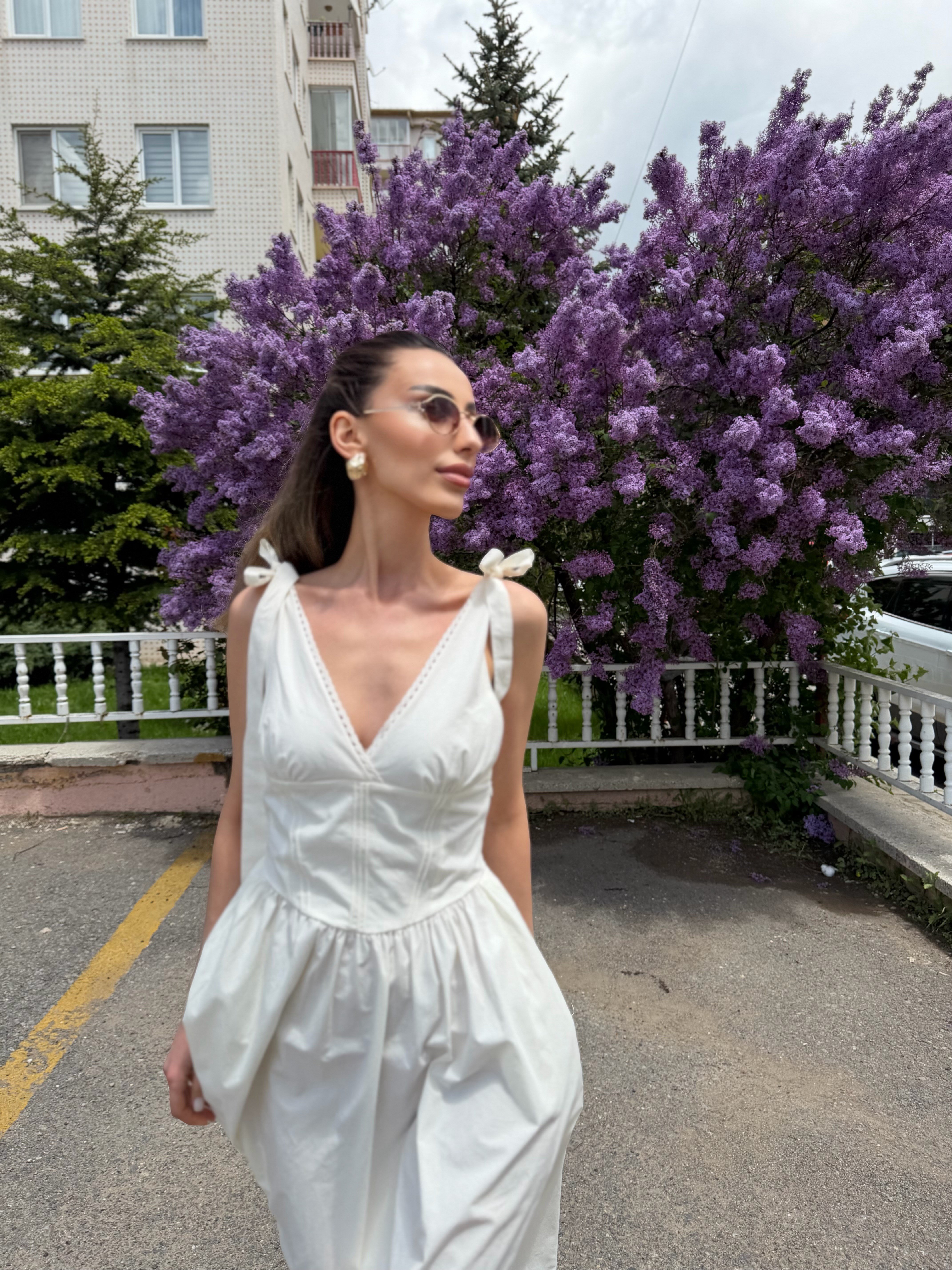 Bağcıklı Pamuklu Midi Elbise 