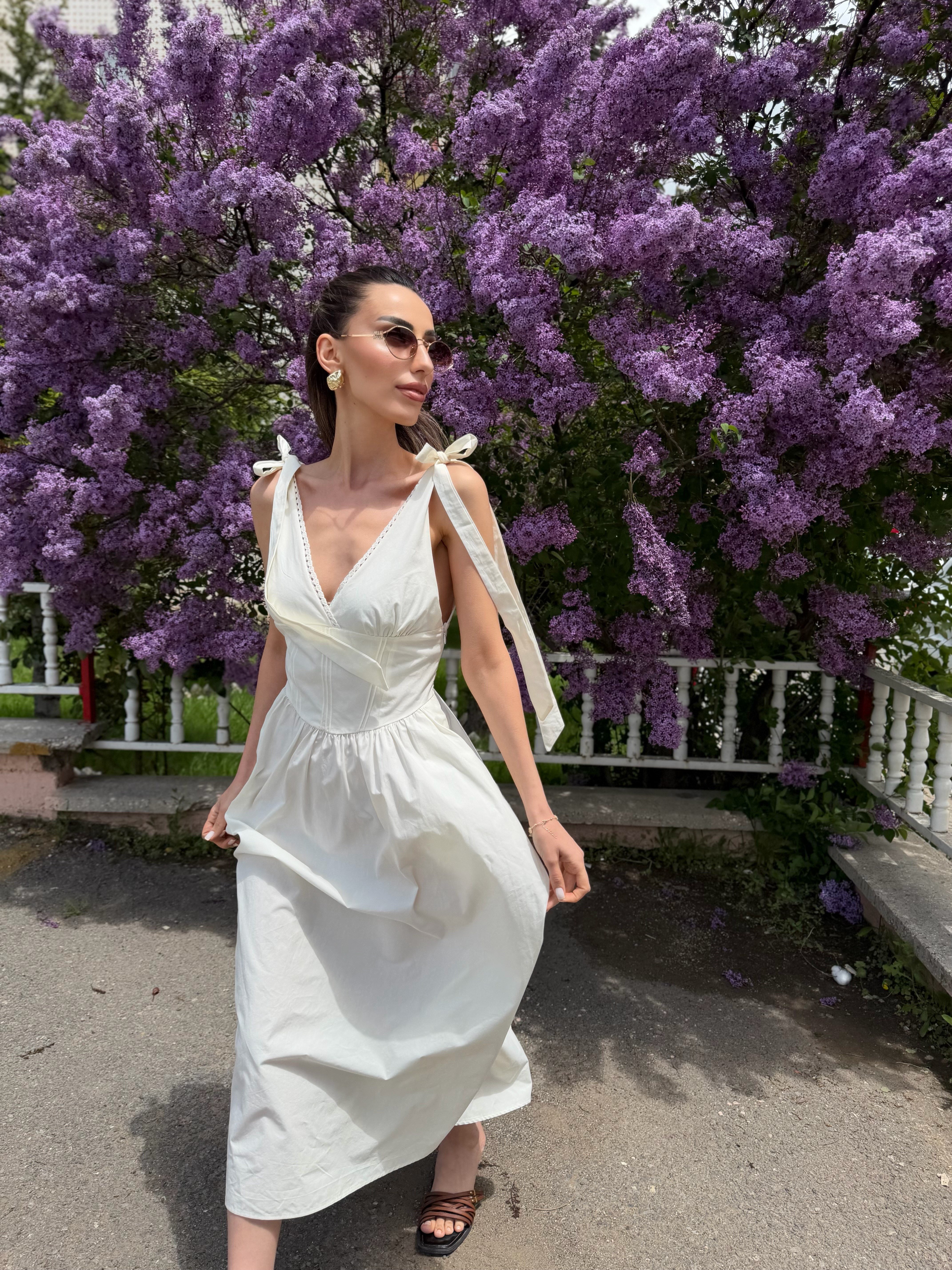 Bağcıklı Pamuklu Midi Elbise 