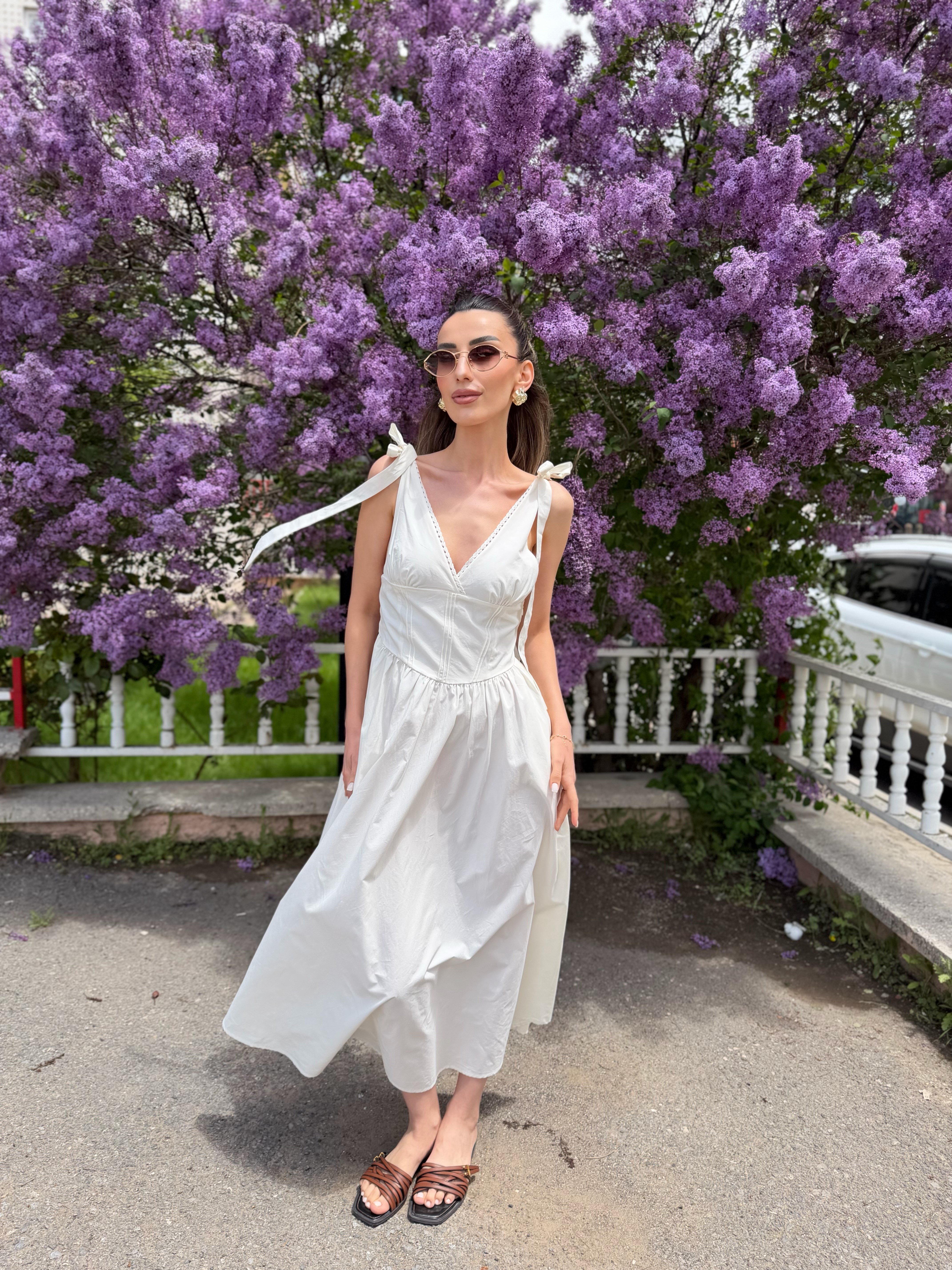 Bağcıklı Pamuklu Midi Elbise 