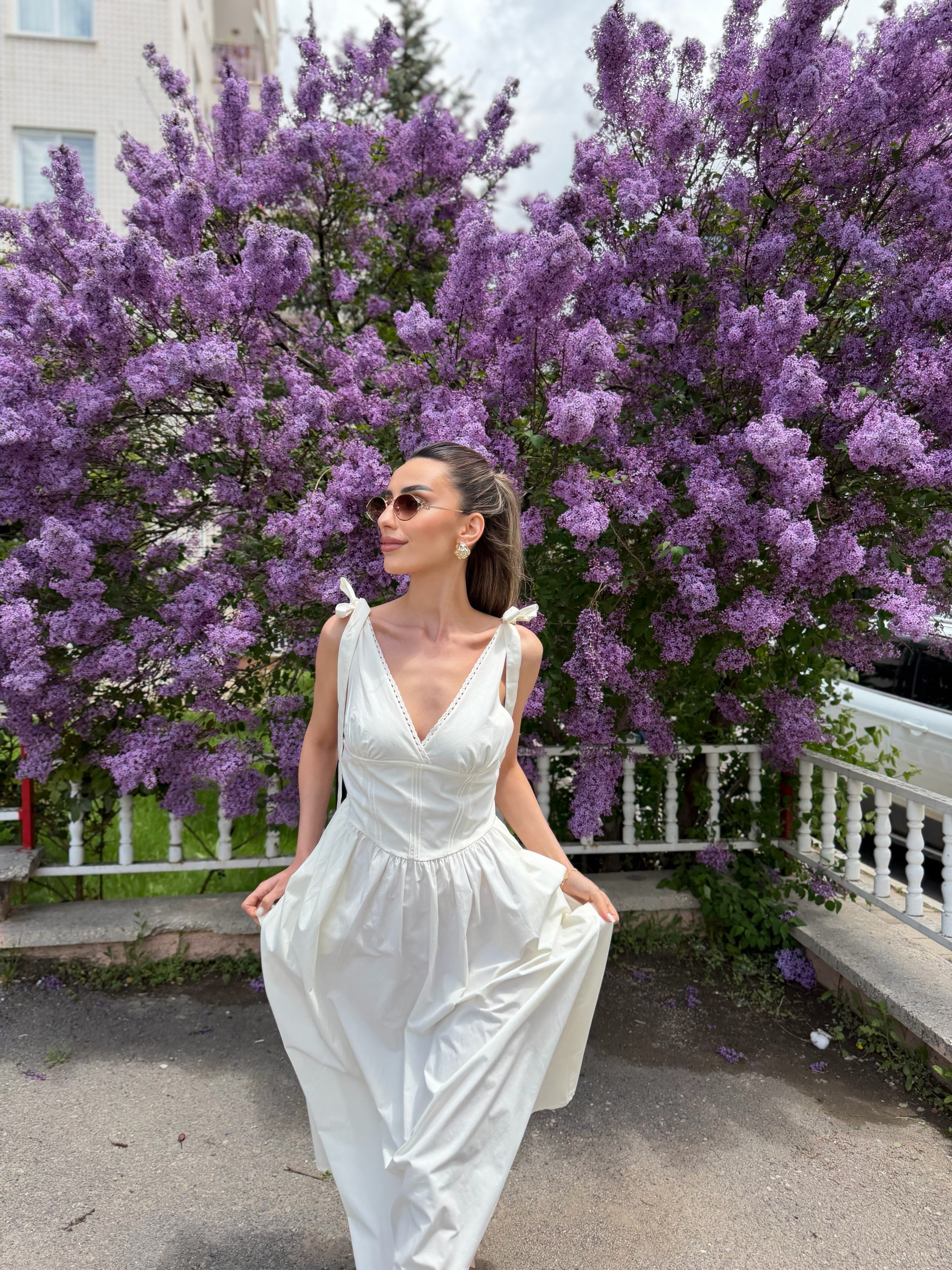 Bağcıklı Pamuklu Midi Elbise 