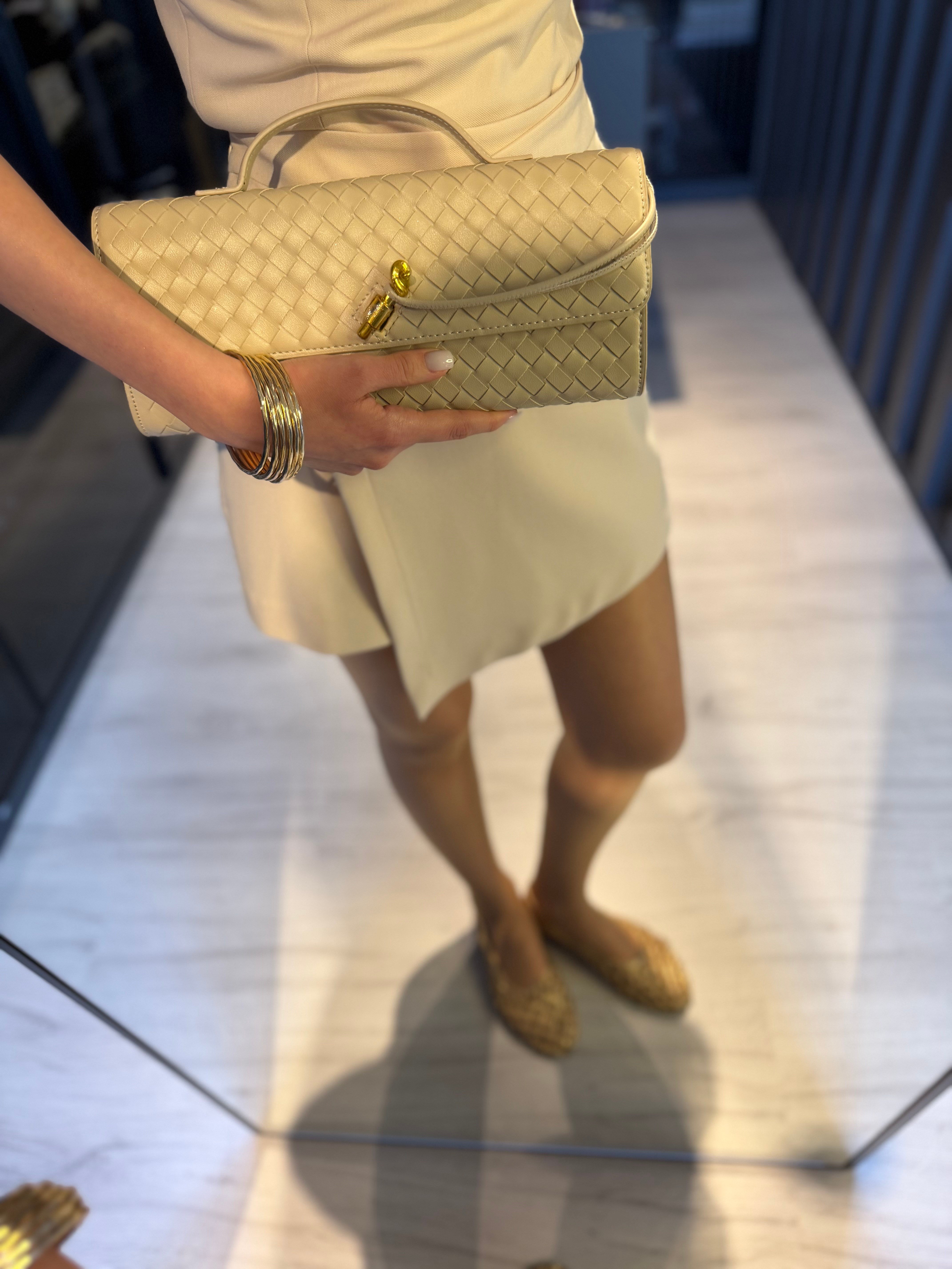 Bej Dokuma Deri Clutch Çanta