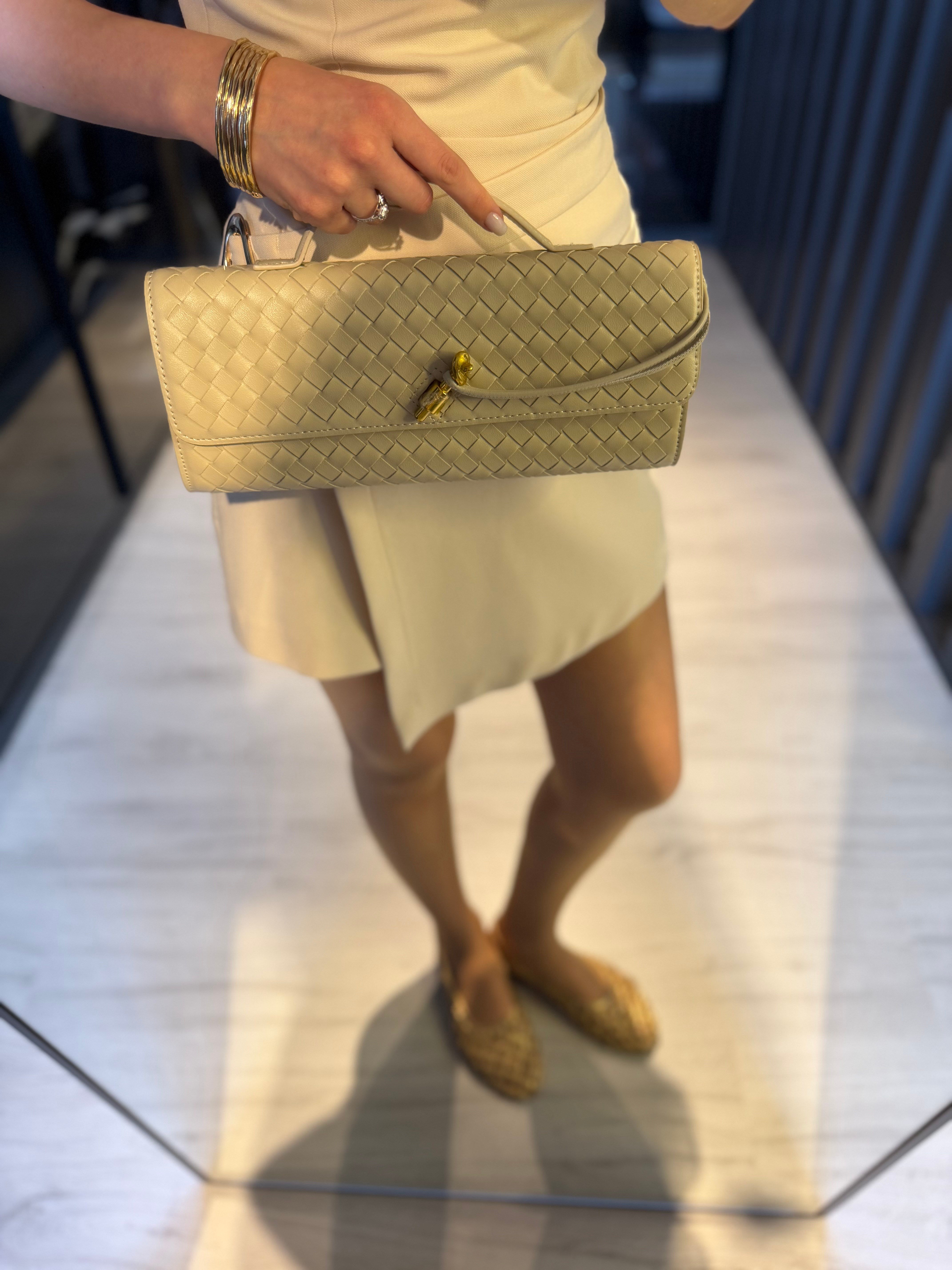 Bej Dokuma Deri Clutch Çanta