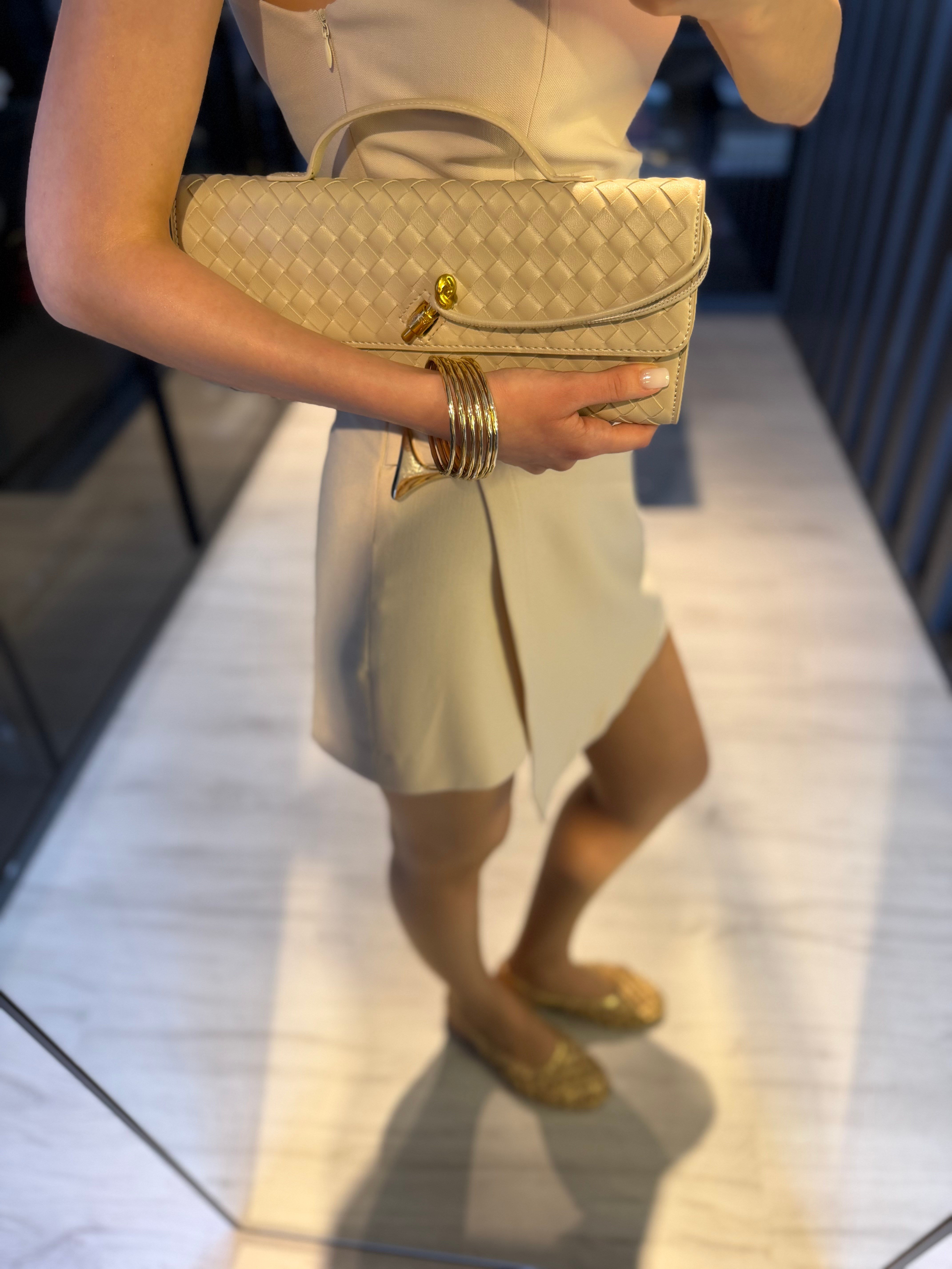 Bej Dokuma Deri Clutch Çanta