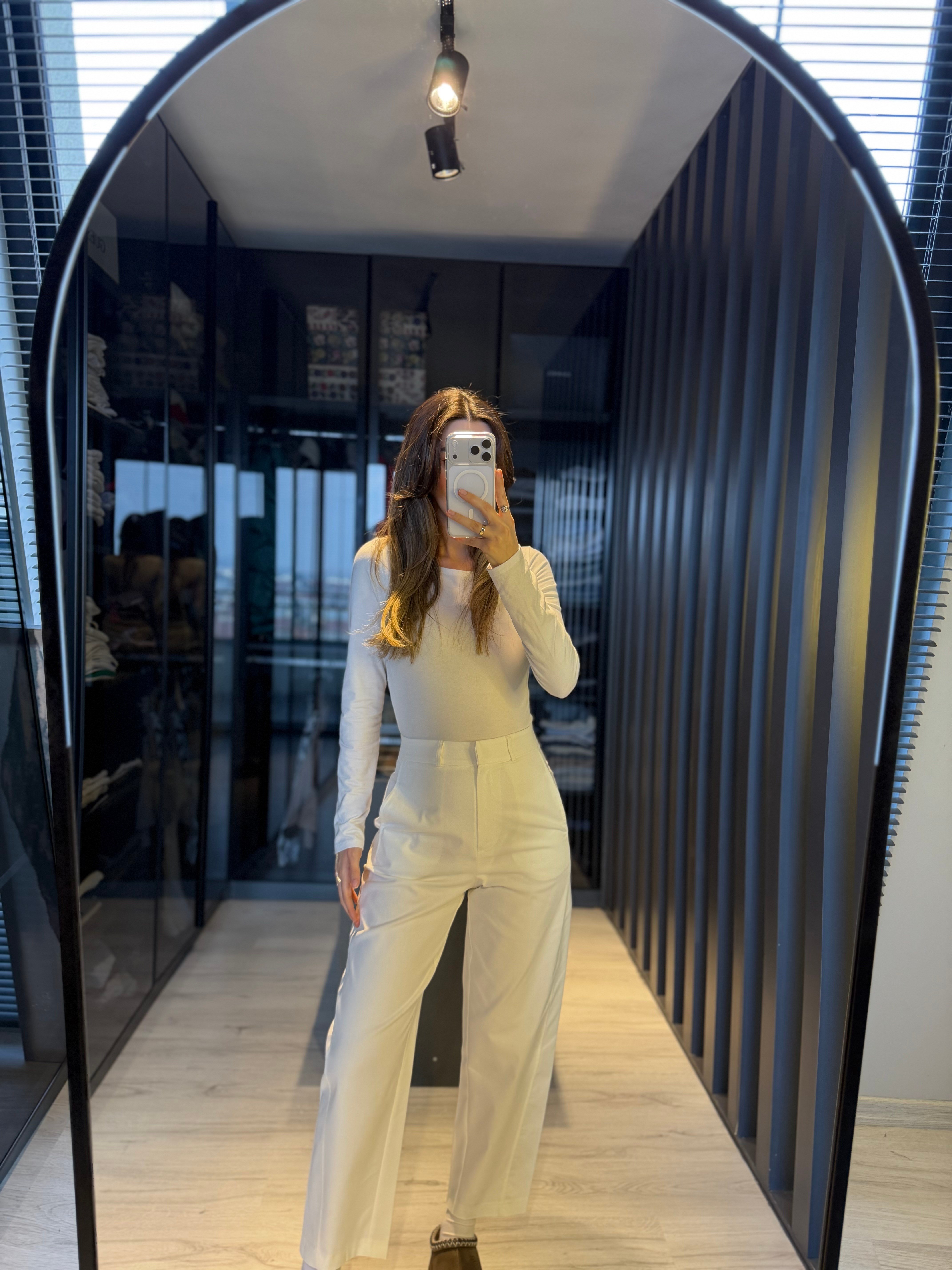 Beyaz Gabardin Barrel Pantolon