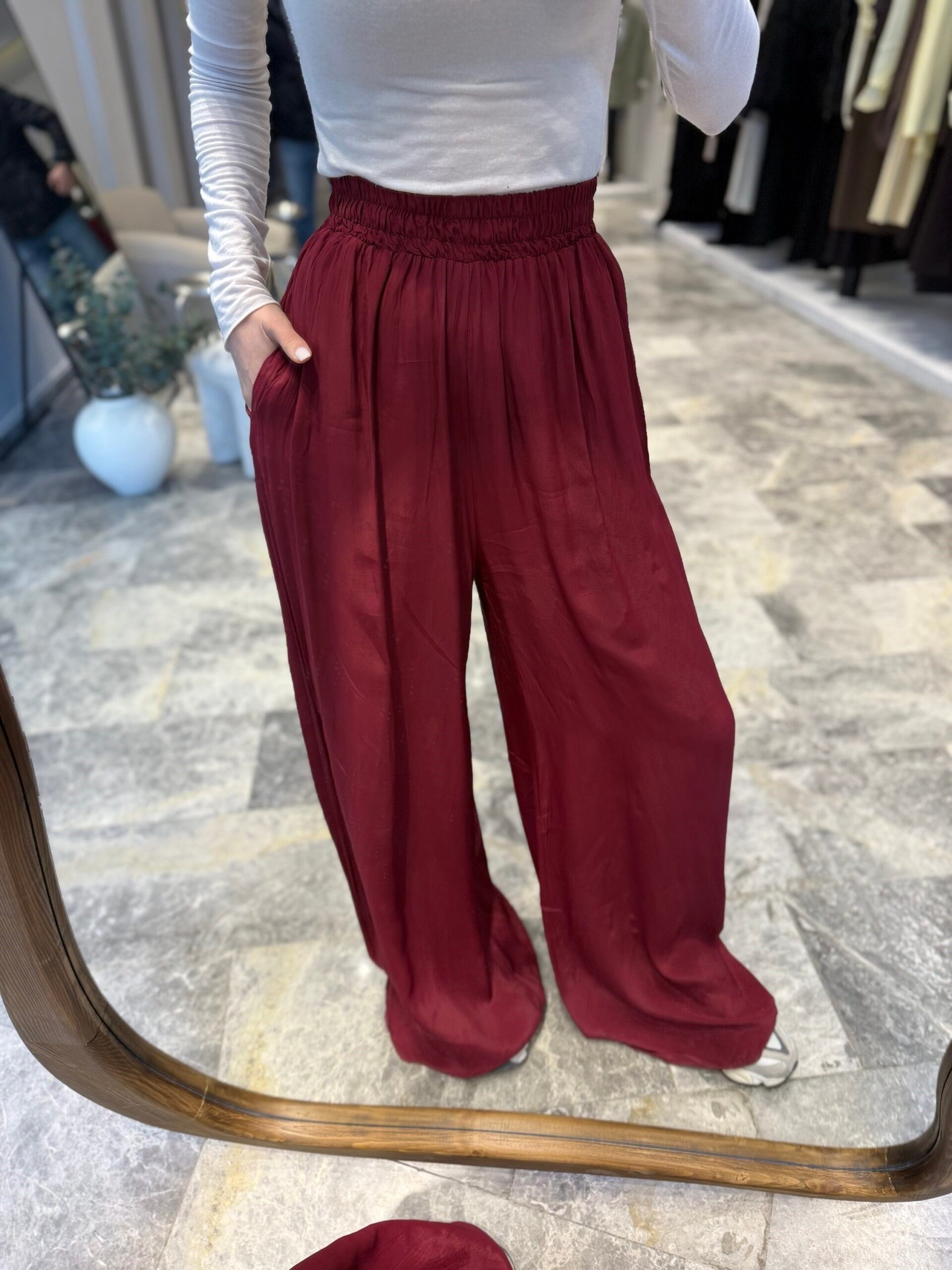 Bordo Astarlı Lastikli Pantolon