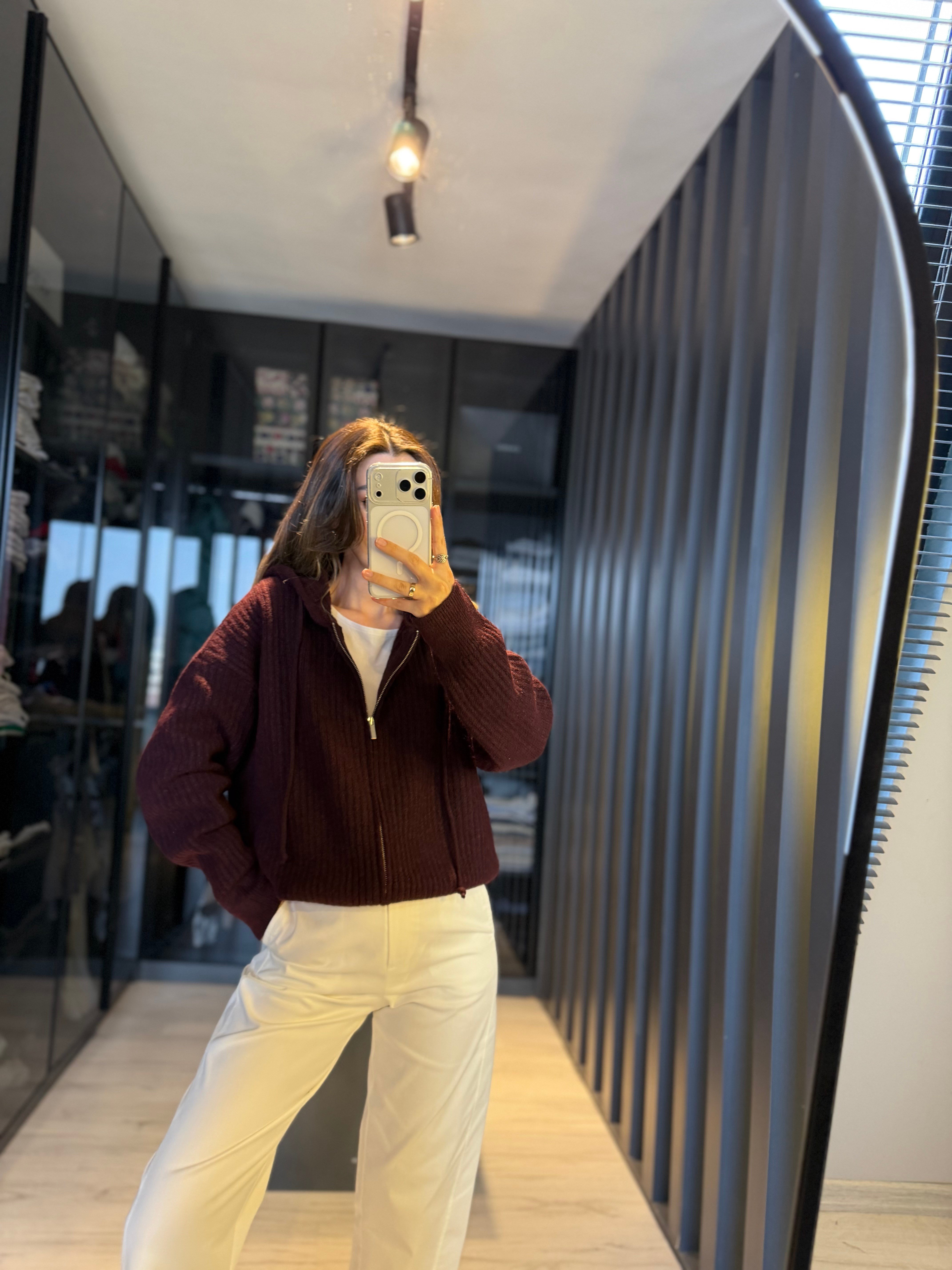 Bordo Yün Karışımlı Kapüşonlu Hırka