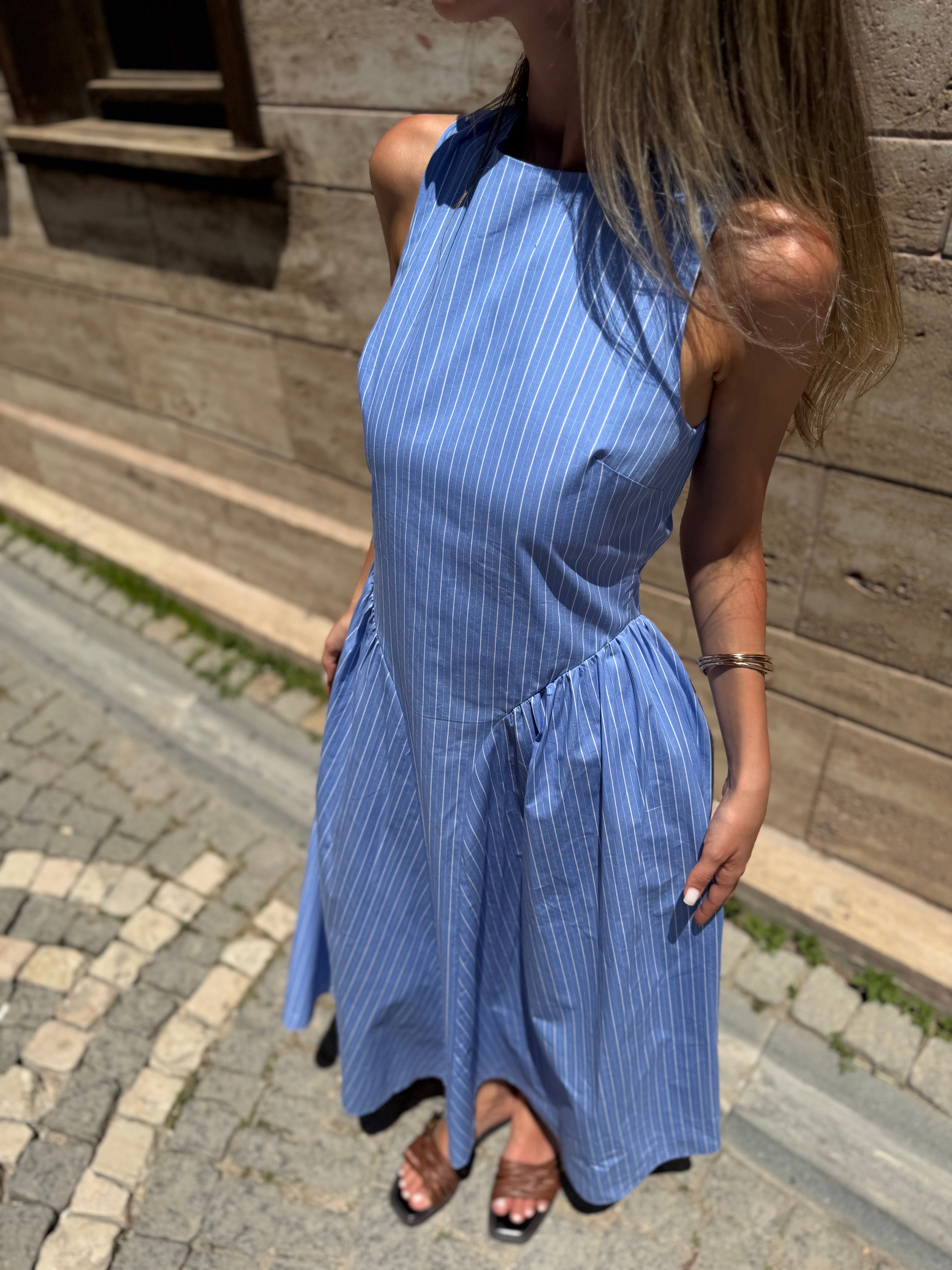 Çizgili Sırt Dekolteli Midi Elbise 