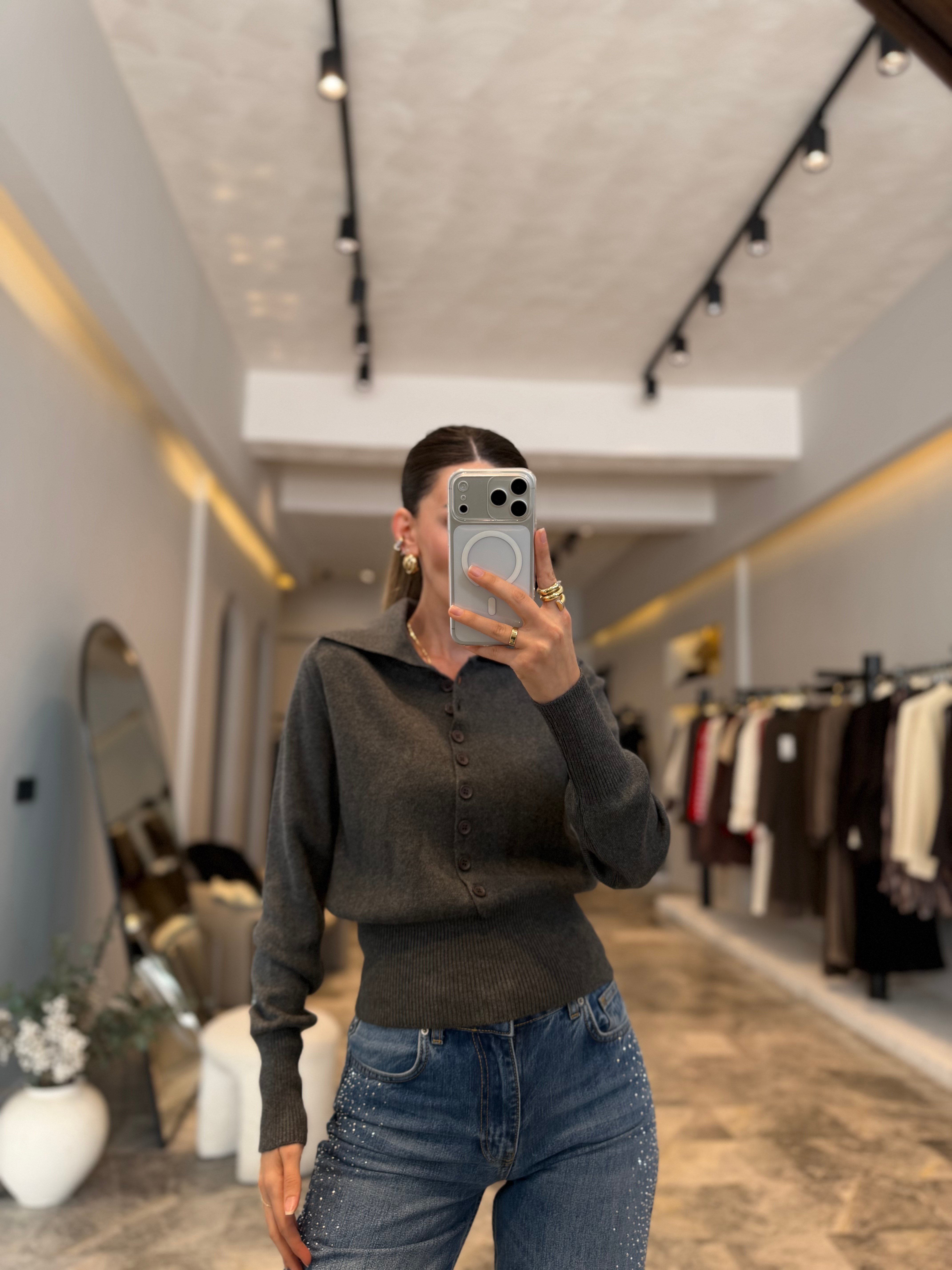 Füme Polo Yaka Yünlü Düğmeli hırka