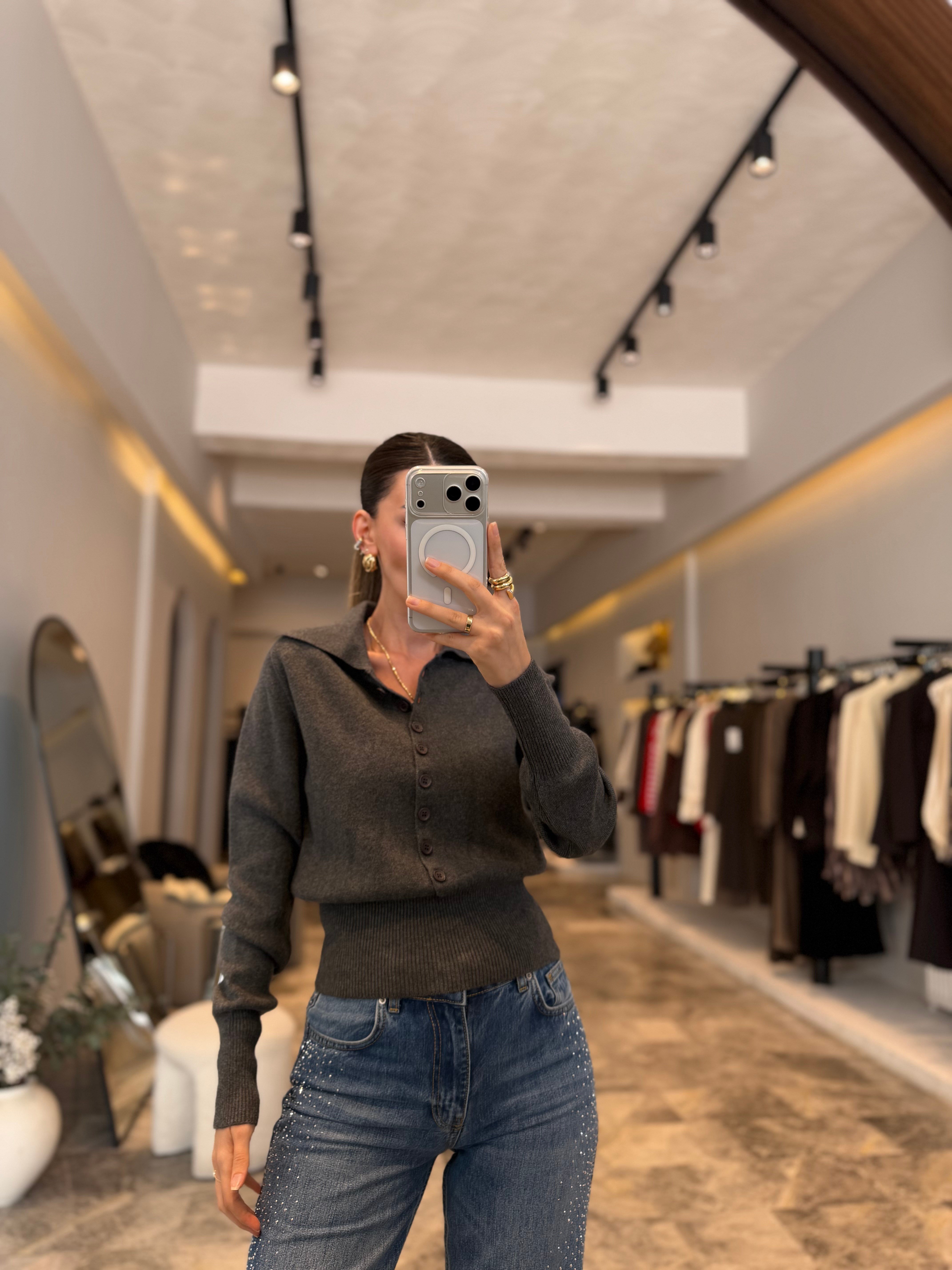 Füme Polo Yaka Yünlü Düğmeli hırka