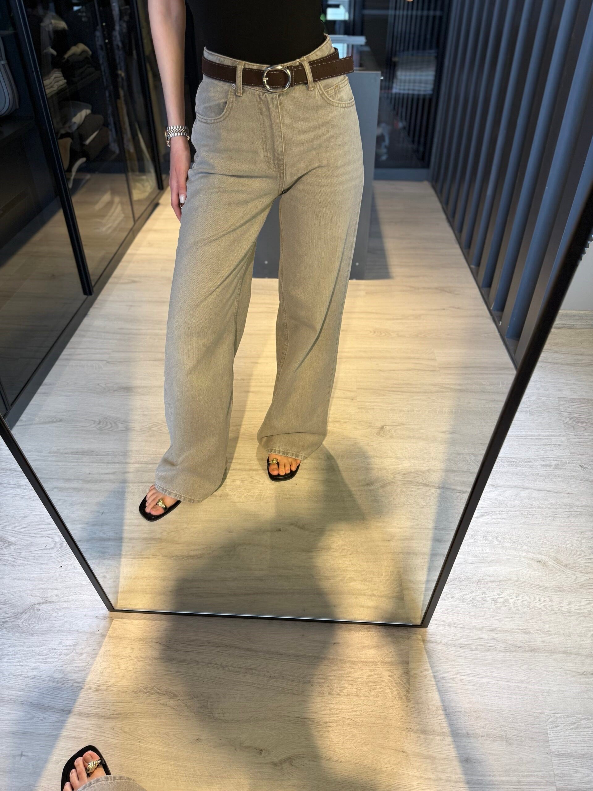 Gri Kemerli Wideleg Pantolon