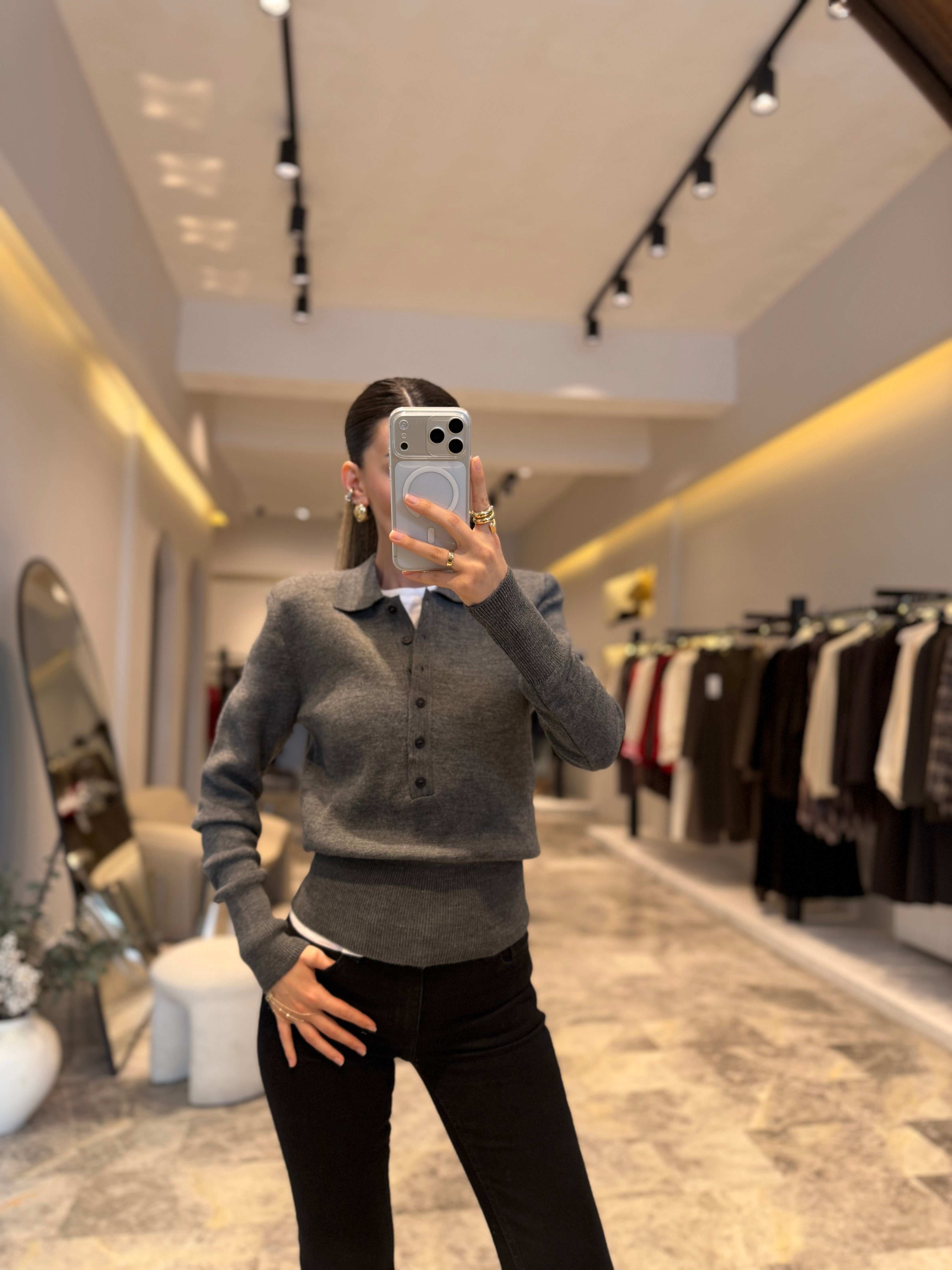 Gri Polo Yaka Vatkalı Triko Kazak