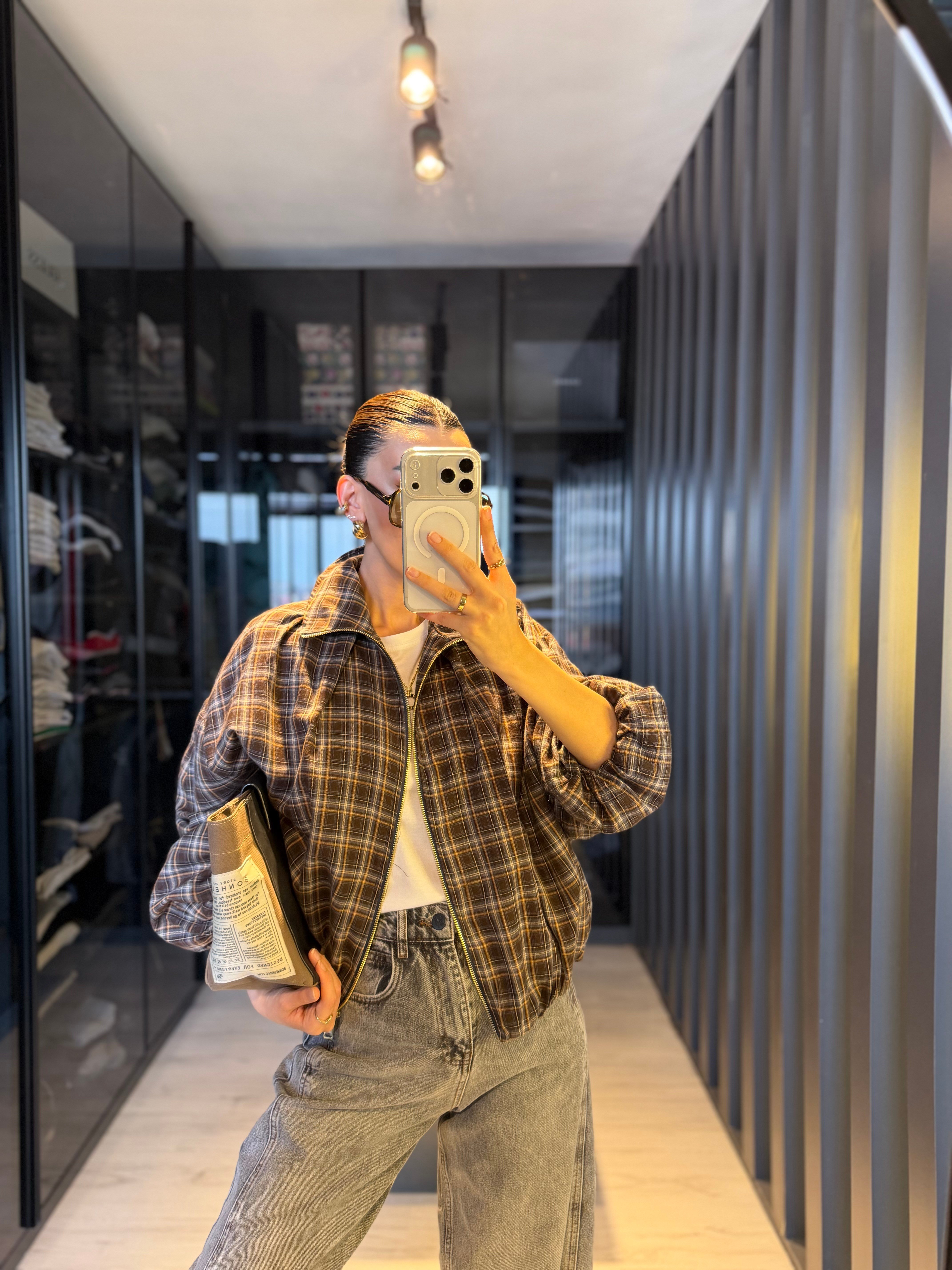 Kahve Ekose İnce Bomber Ceket
