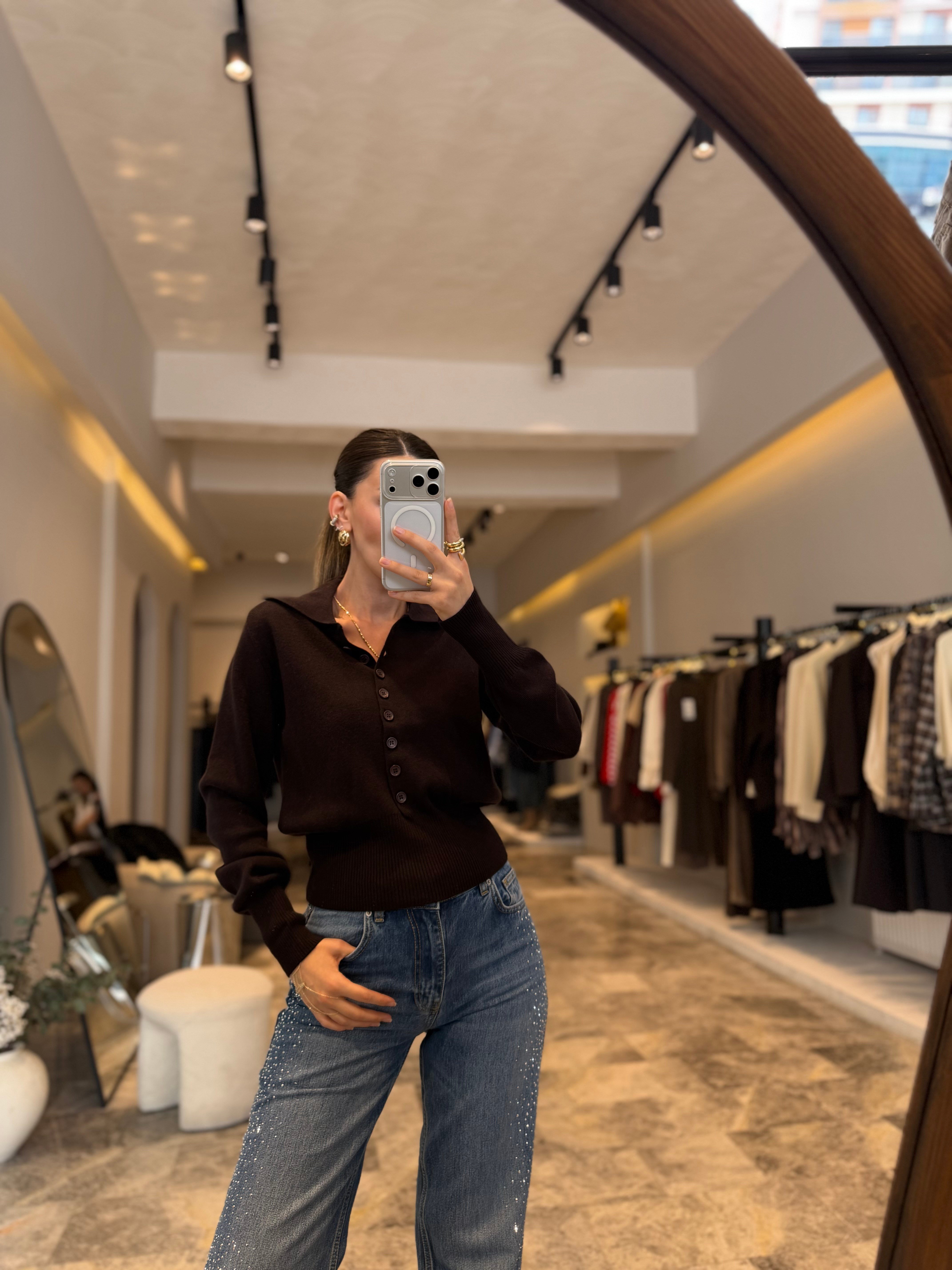 Kahve Polo Yaka Yünlü Düğmeli Hırka