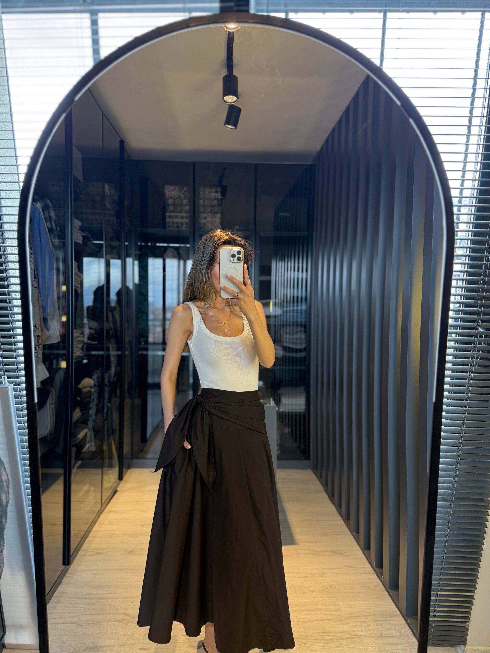 Kuşak detay poplin etek