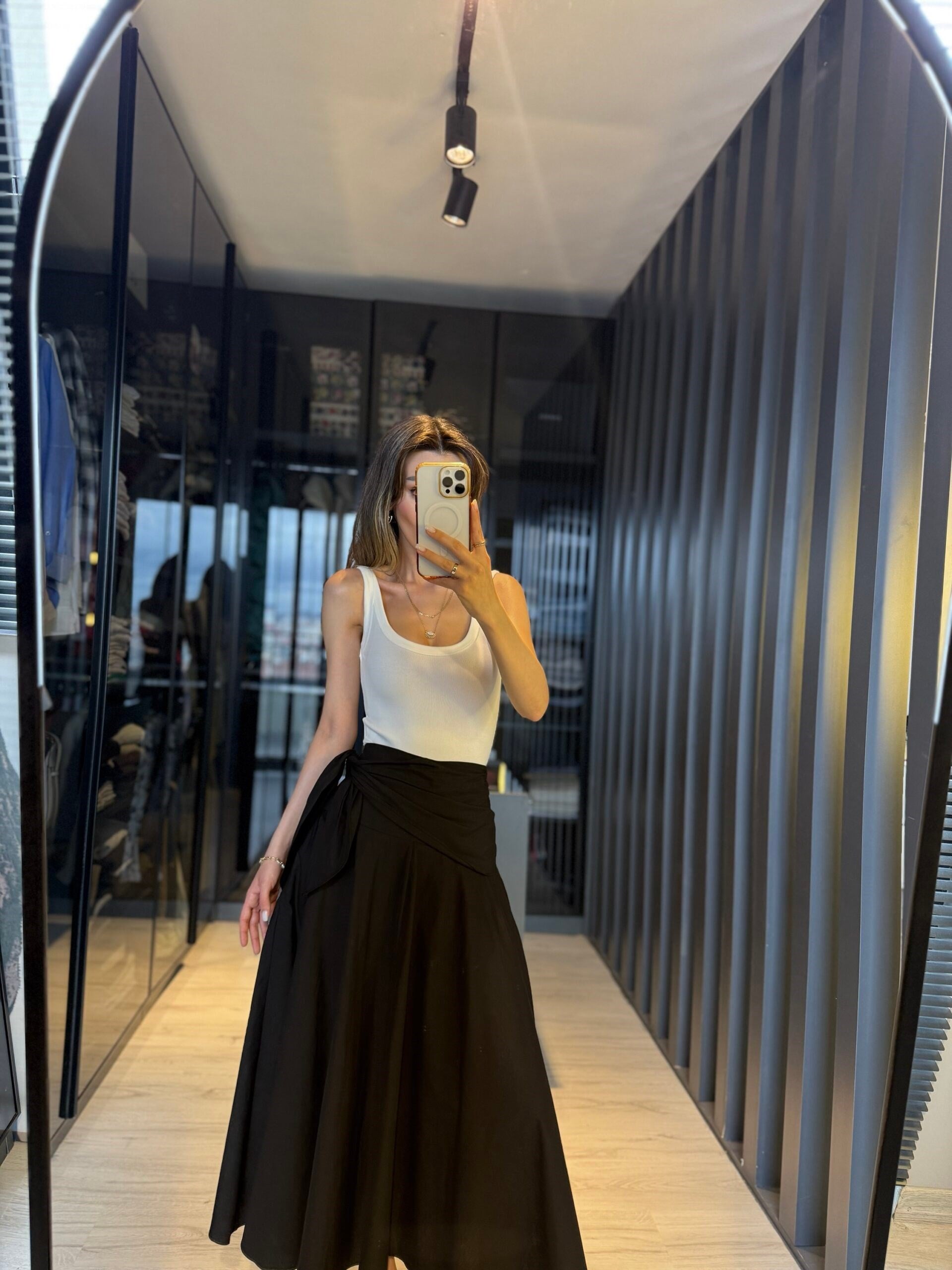 Kuşak detay poplin etek