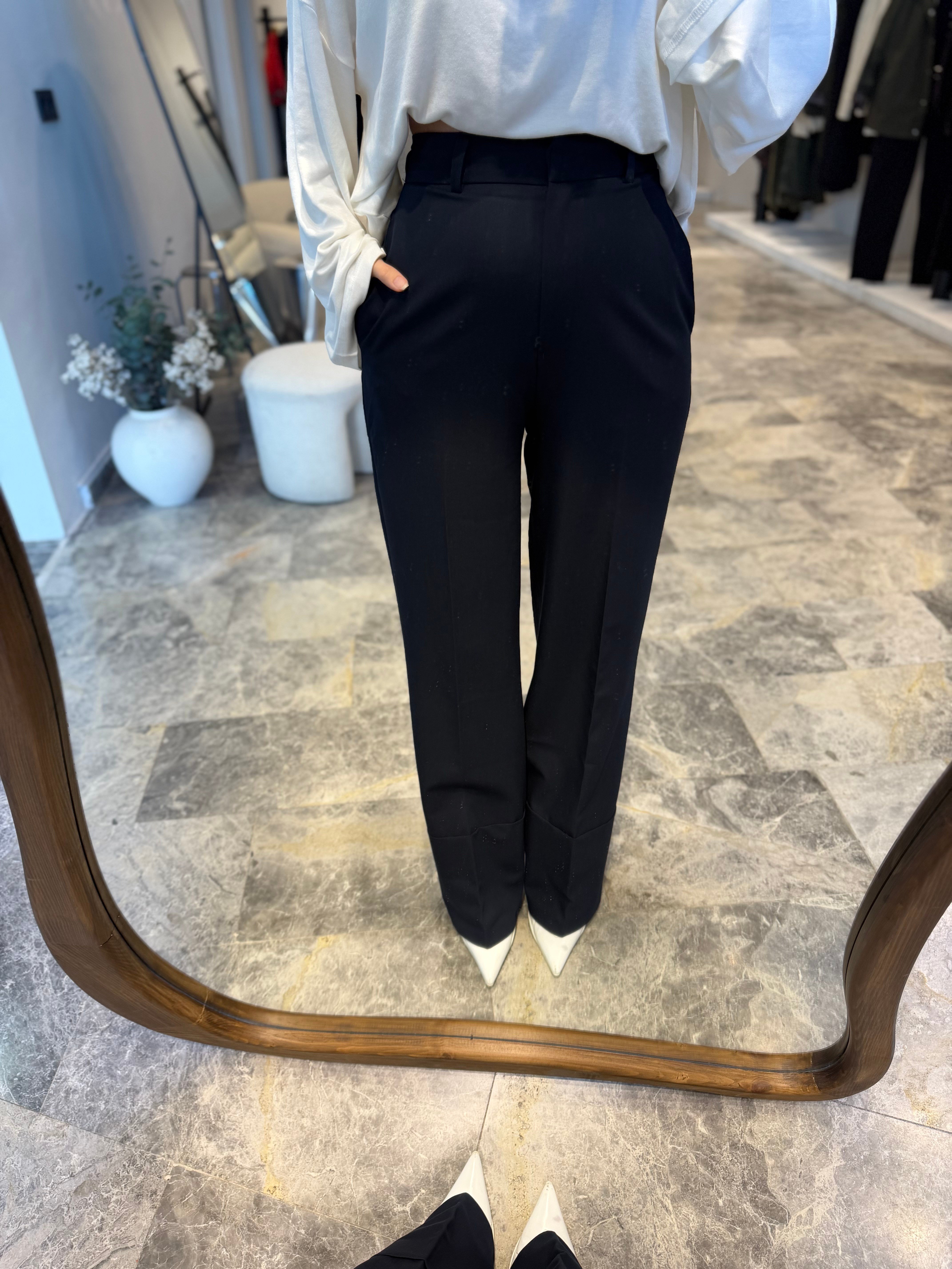 Lacivert Double Paça Kumaş Palazzo Pantolon