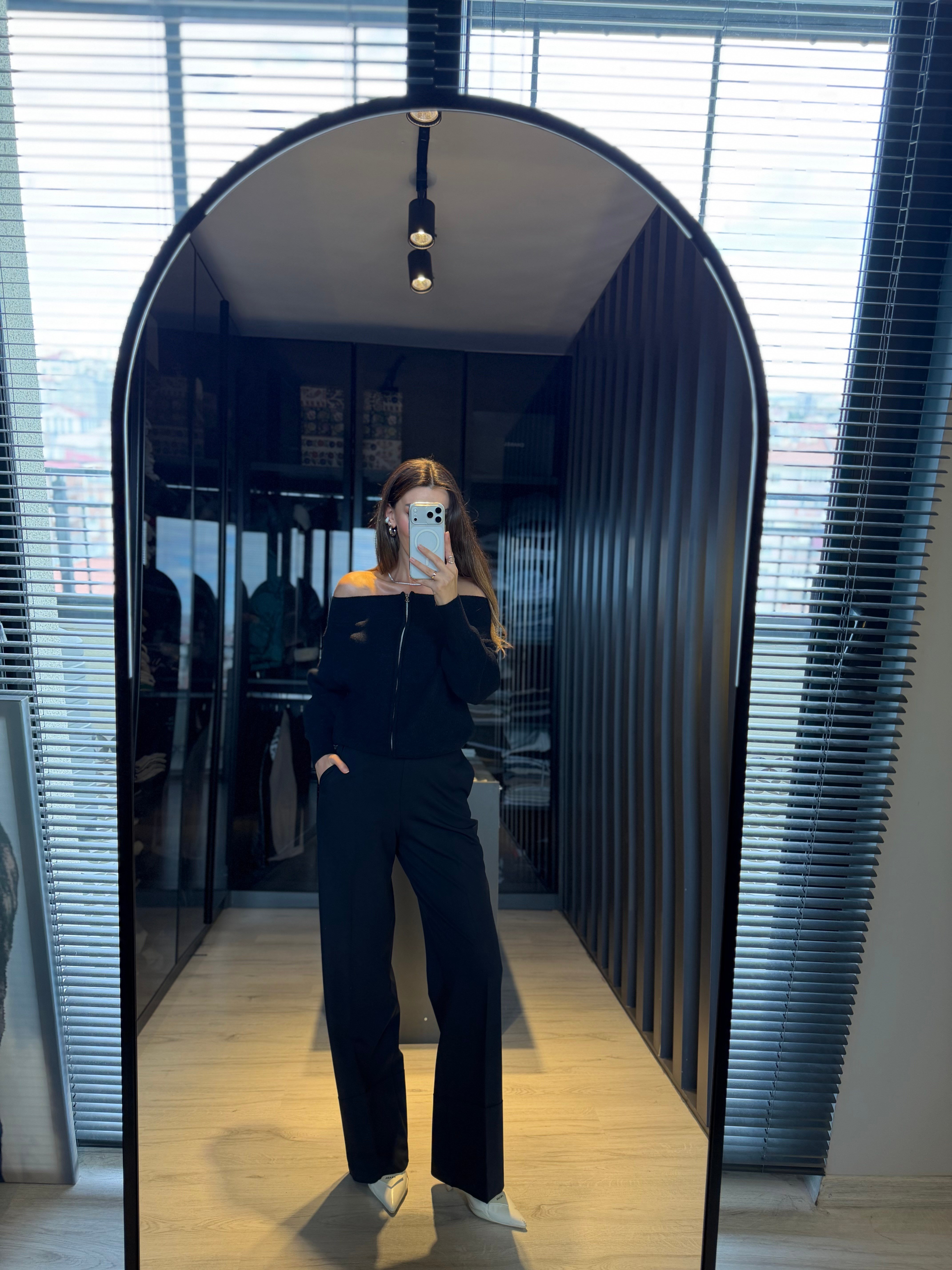 Lacivert Double Paça Kumaş Palazzo Pantolon