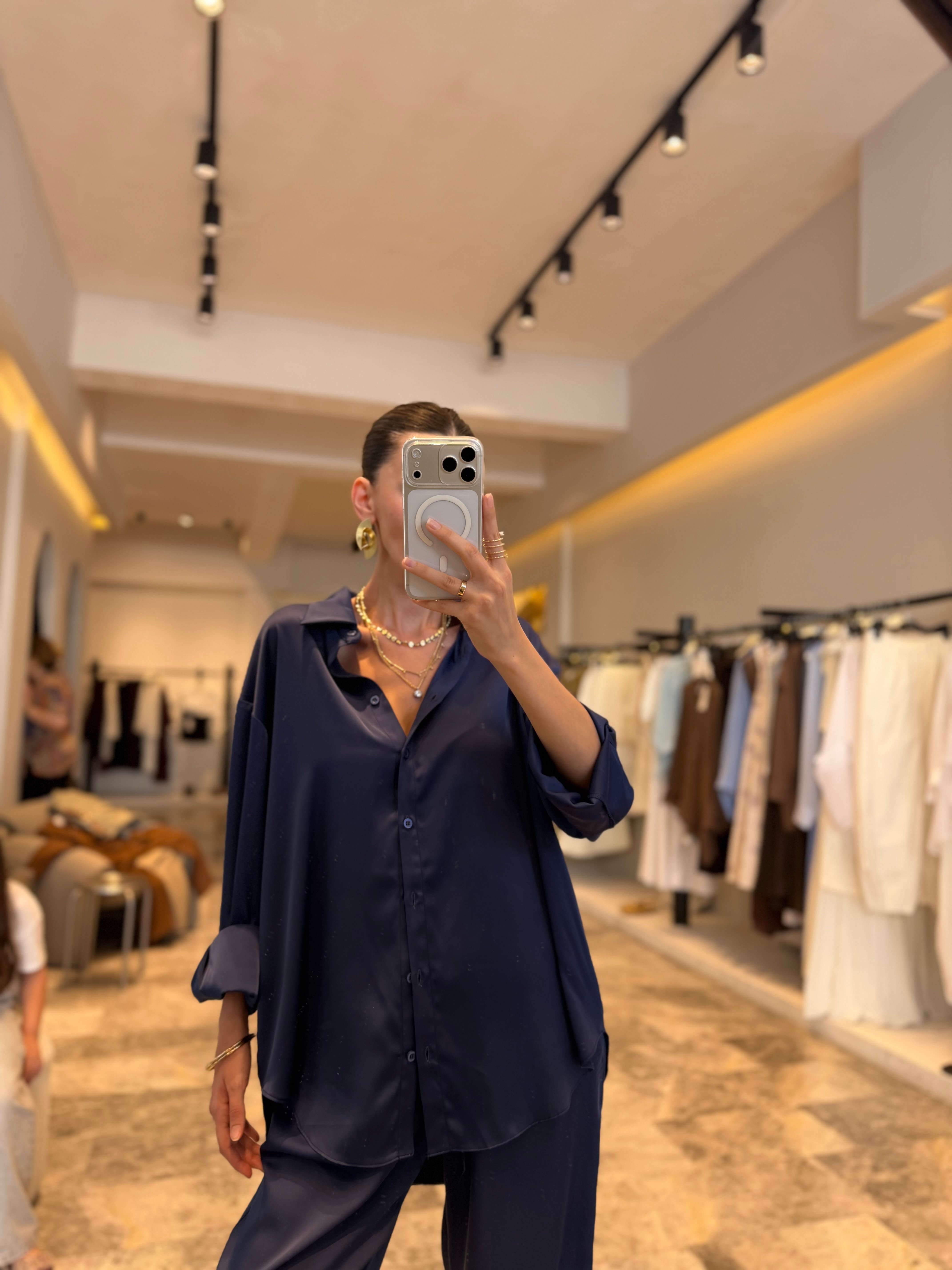 Lacivert Oversize Saten Gömlek Pantolon Takım 