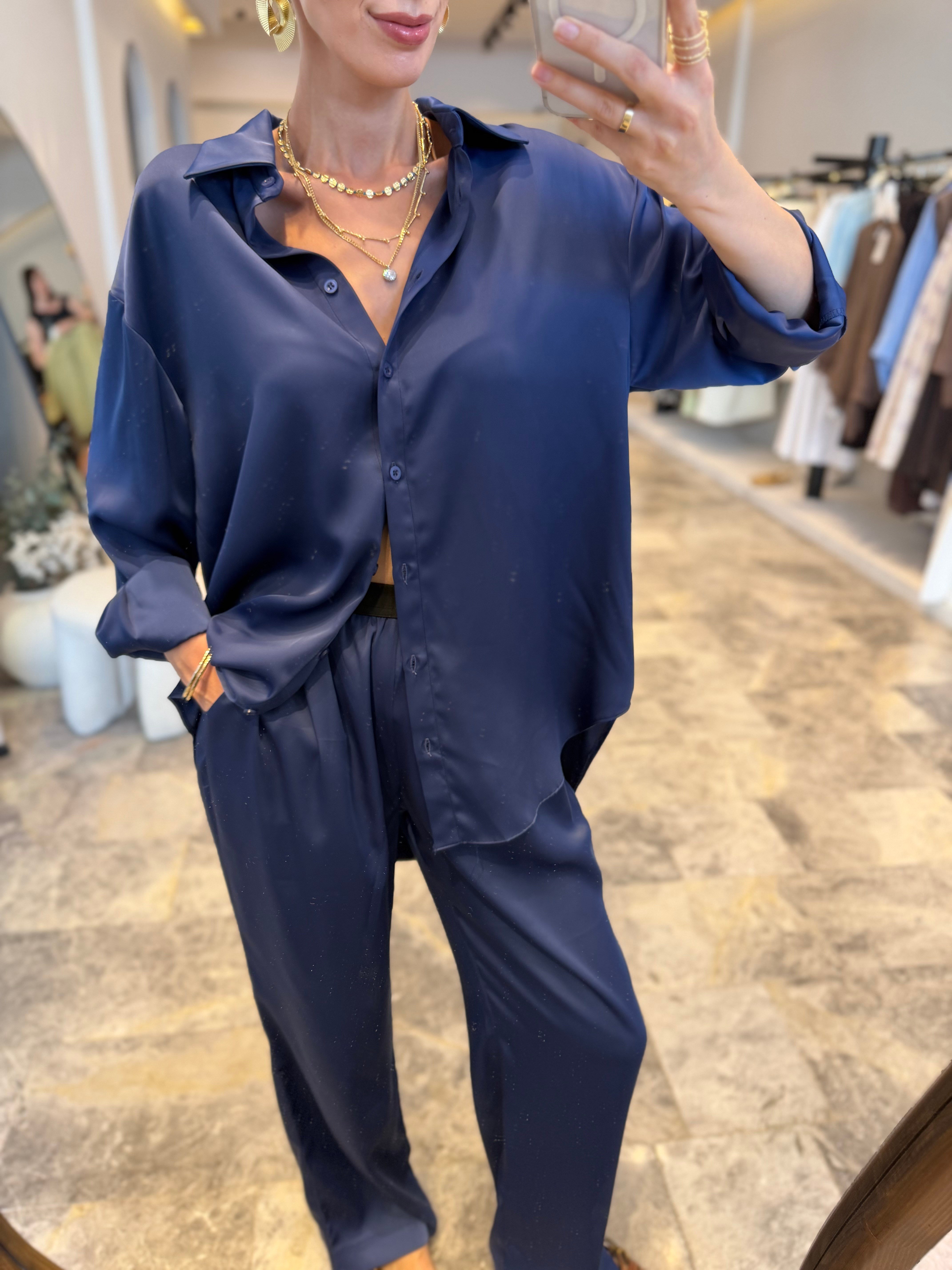 Lacivert Oversize Saten Gömlek Pantolon Takım 