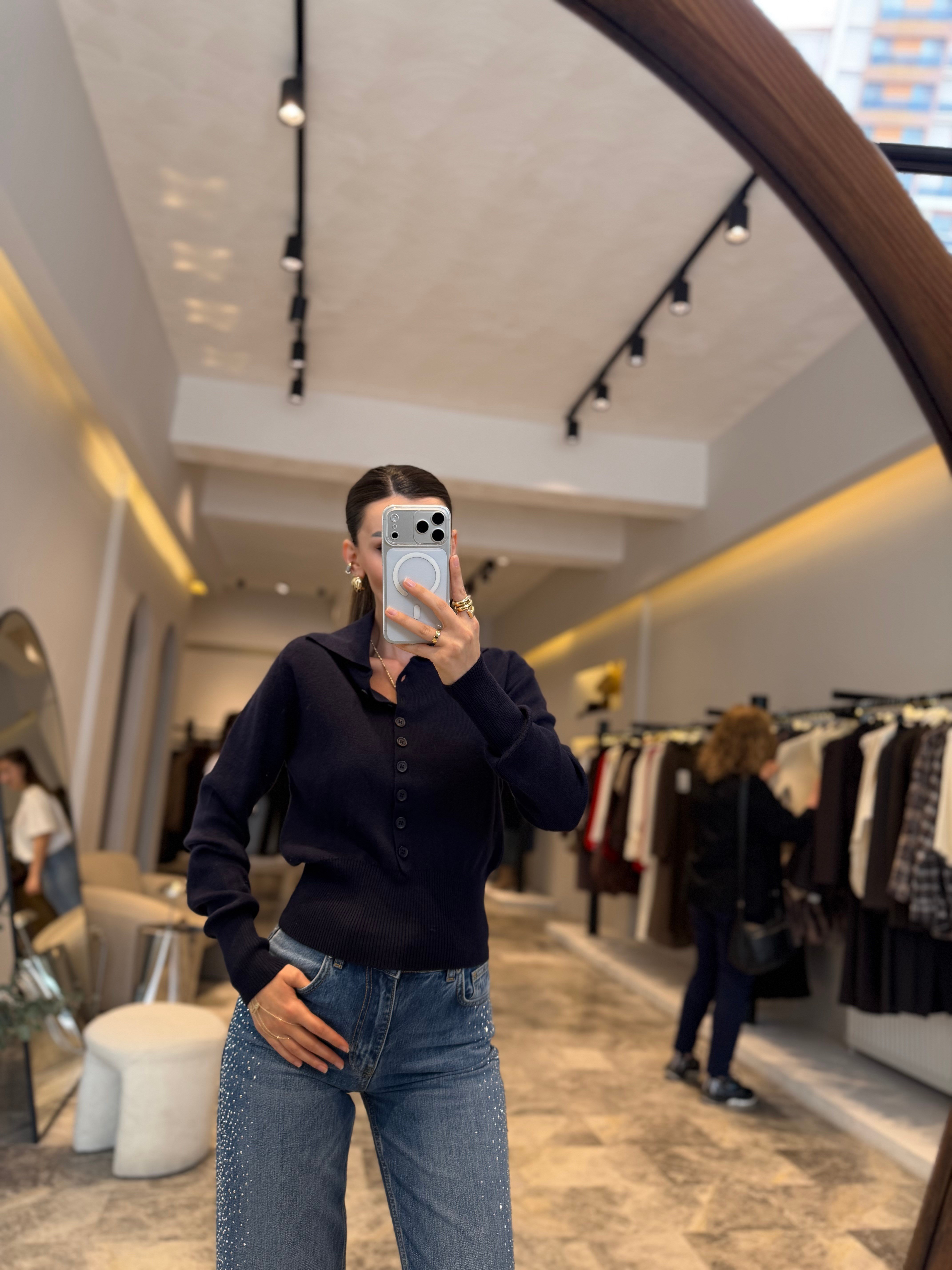 Lacivert PoloYaka Yünlü Düğmeli Hırka