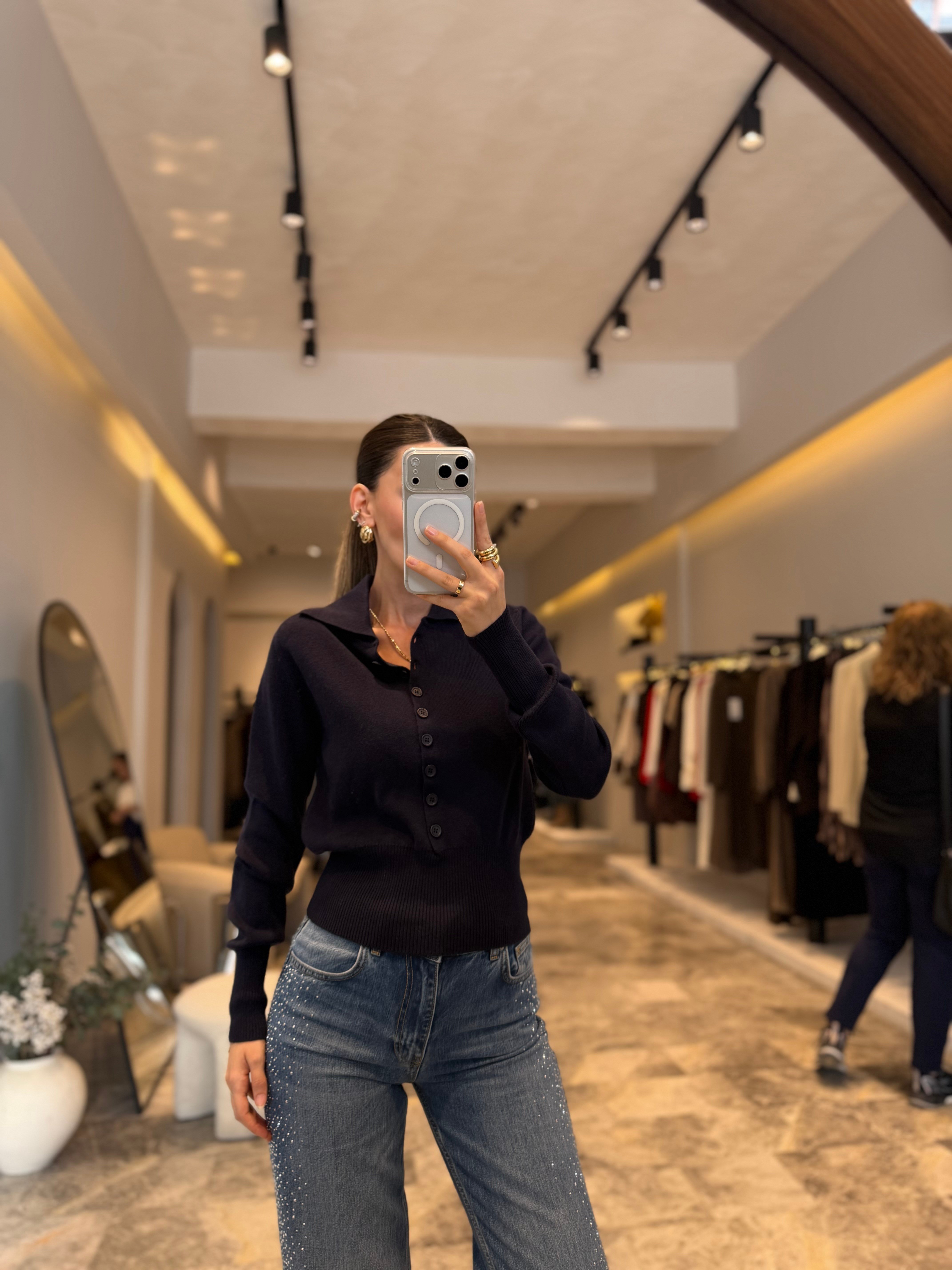 Lacivert PoloYaka Yünlü Düğmeli Hırka