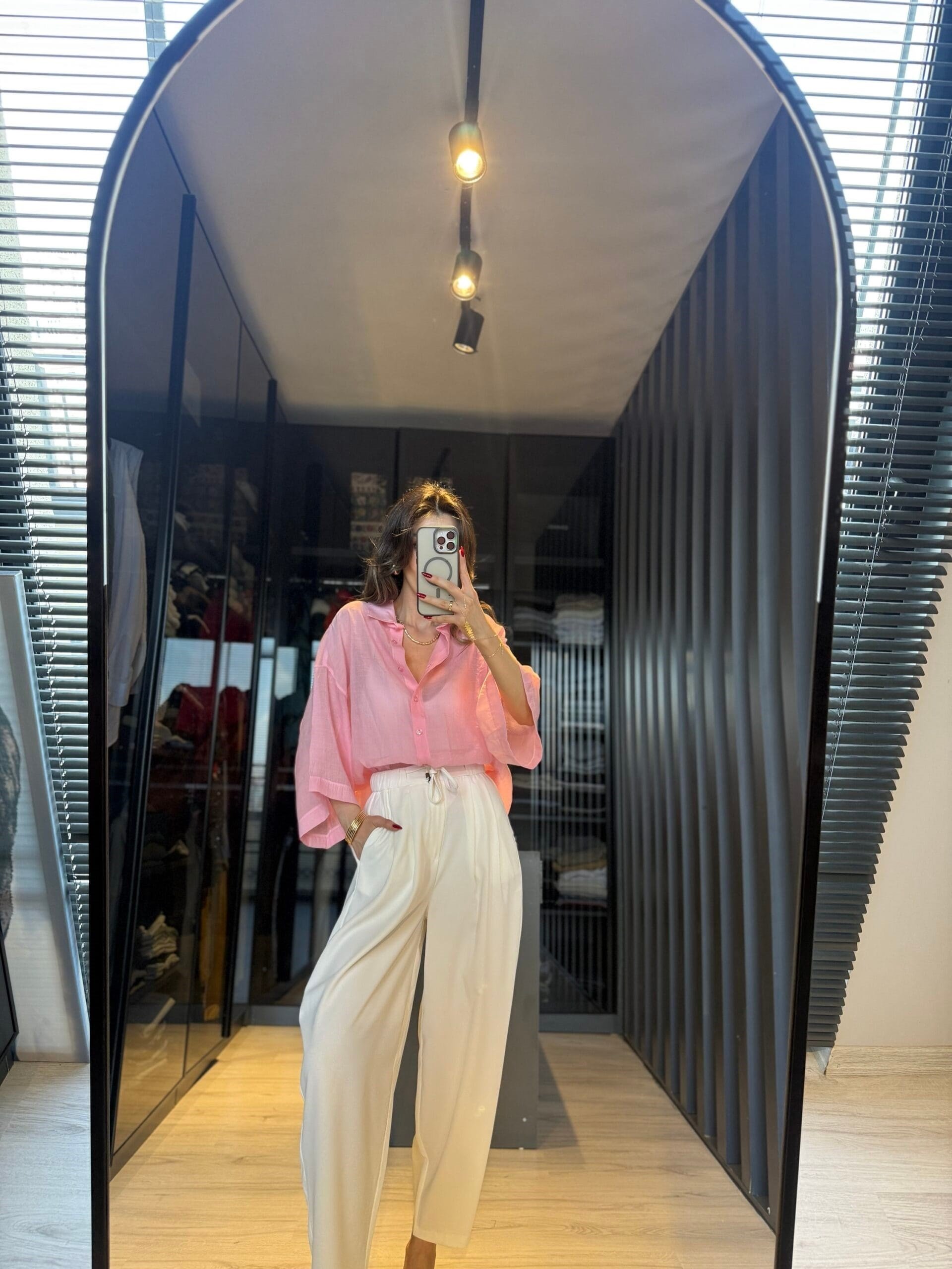 Pembe Oversize İpeksi Gömlek 