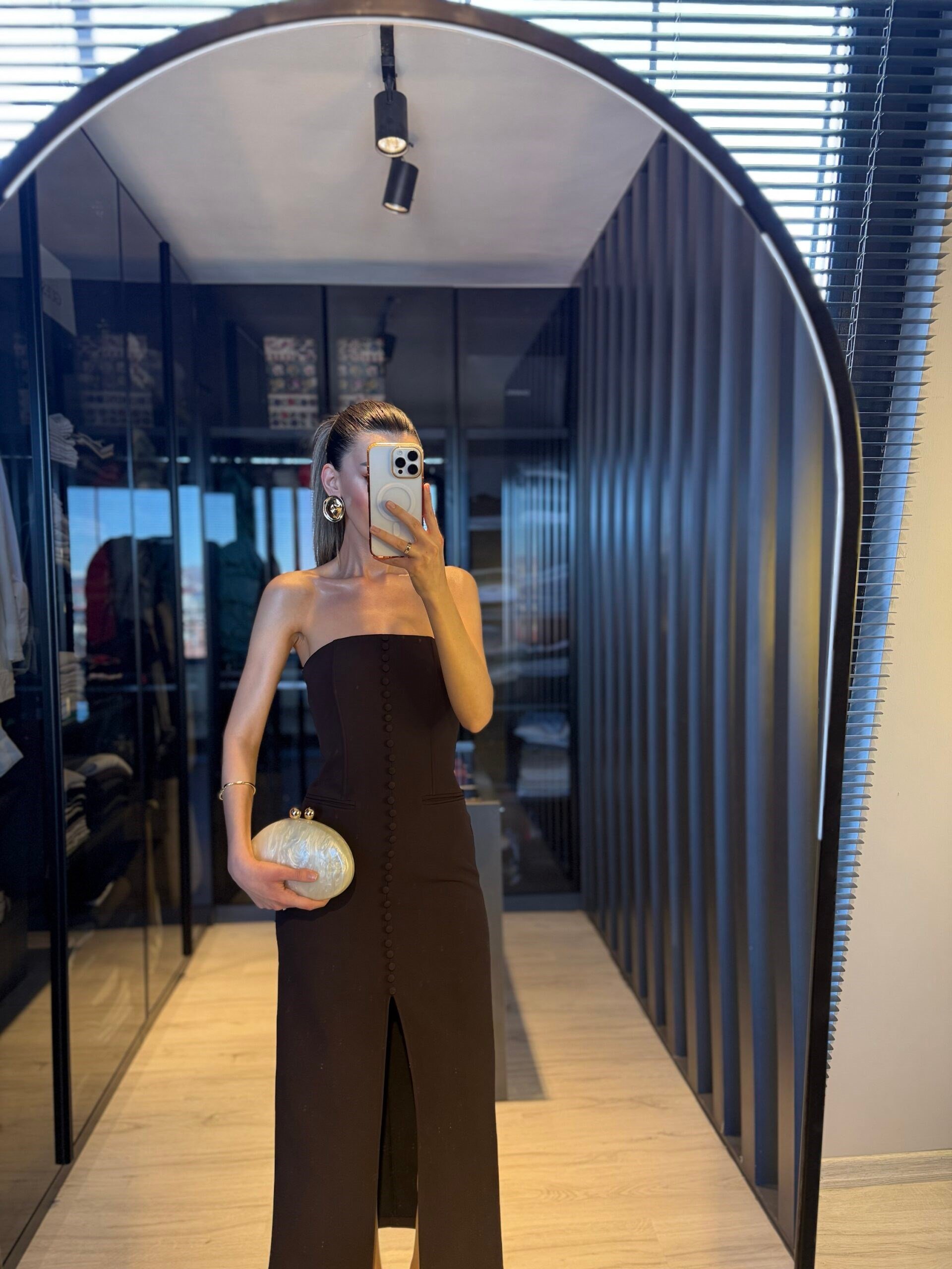 Premium straplez düğme detay elbise