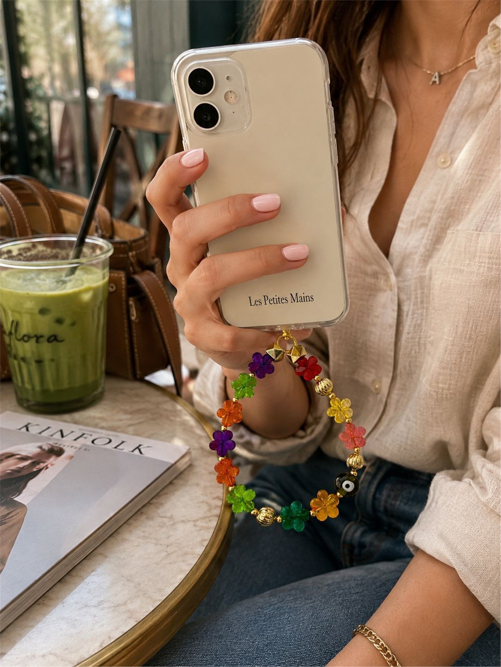 Iconic Rengarenk Çiçekli Nazar Boncuklu Telefon Askısı, Boncuklu Telefon Charmı ve Çanta Aksesuarı