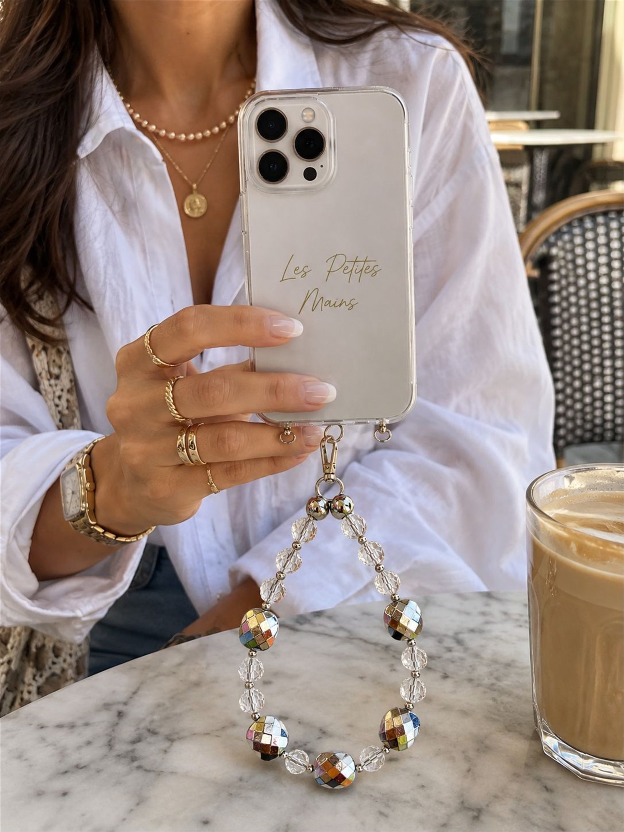 Iconic Şeffaf Kristal Rengarenk Damalı Telefon Askısı, Boncuklu Telefon Charmı ve Çanta Aksesuarı