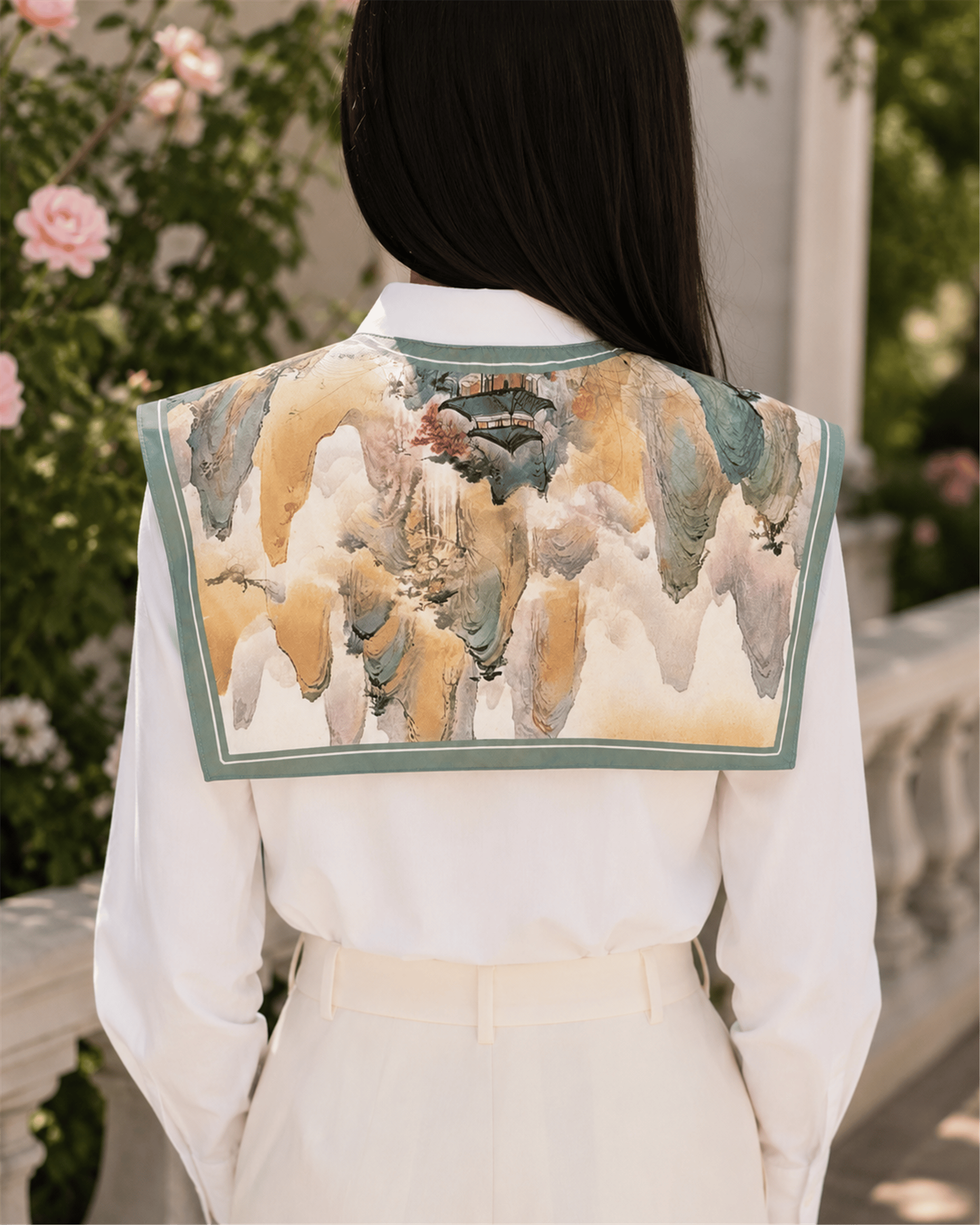 Yeşil Çiçek Desenli Bağcıklı Fular Yaka | Vintage Bebe Yaka Kadın Yakalık