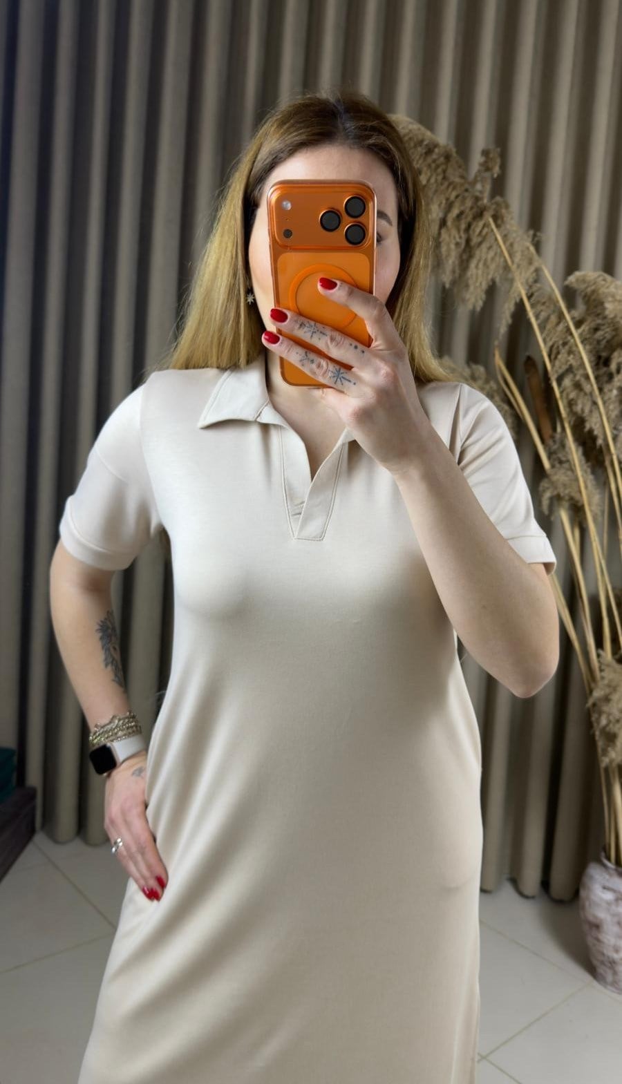 Polo Yaka Modal Elbise Bej