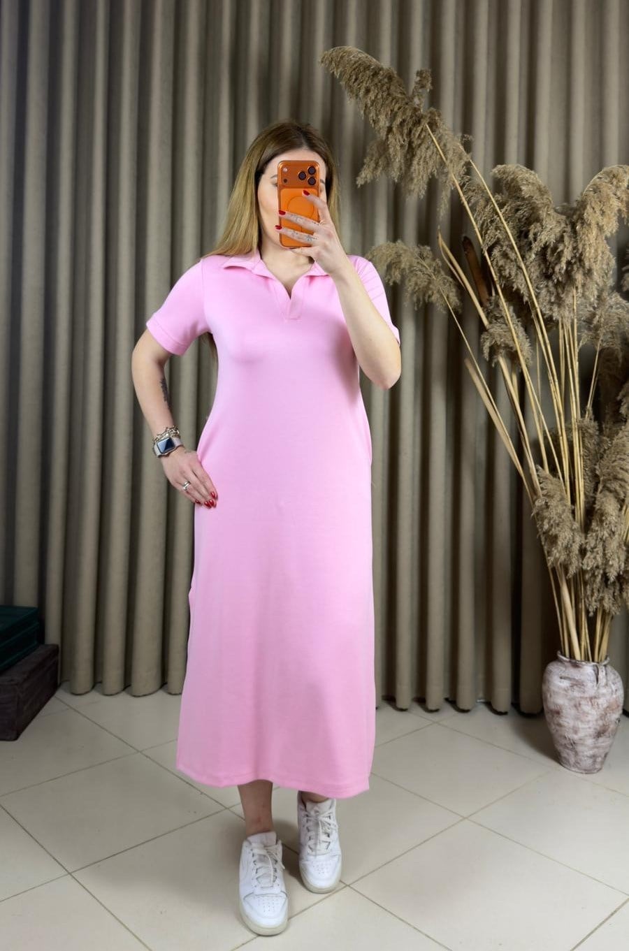 Polo Yaka Modal Elbise Pembe