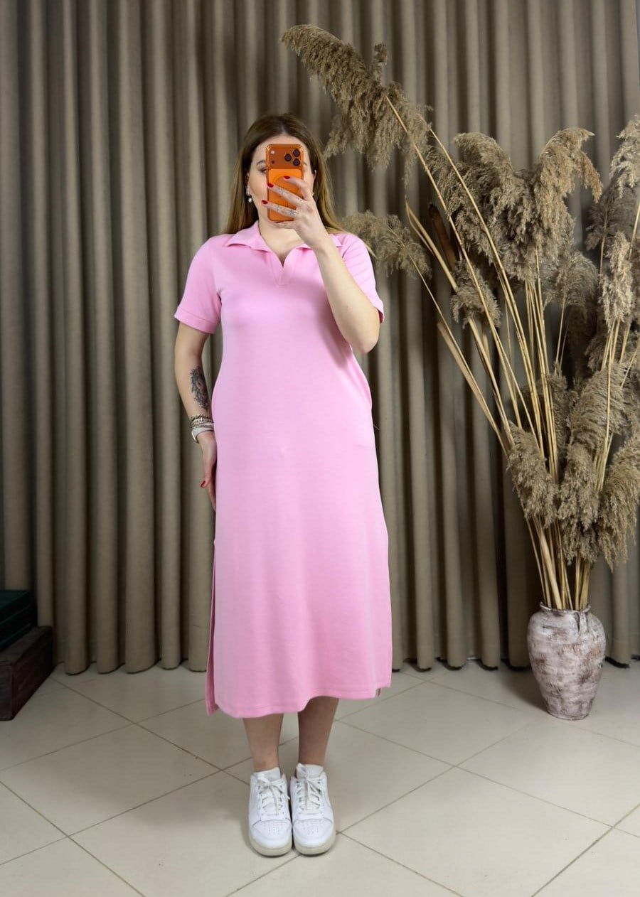 Polo Yaka Modal Elbise Pembe