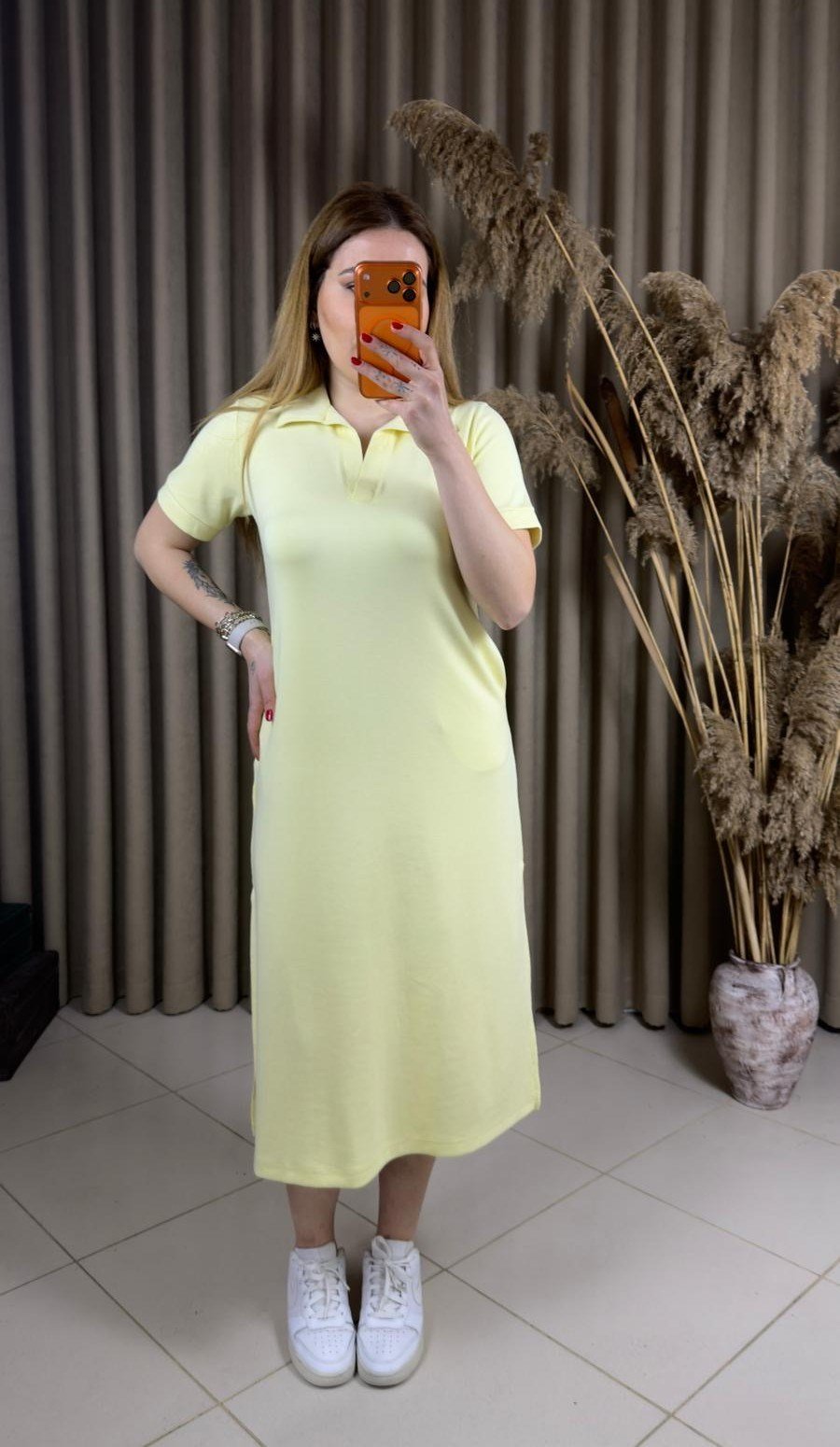 Polo Yaka Modal Elbise Sarı
