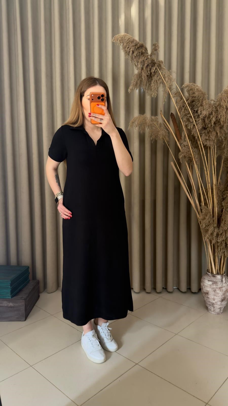 Polo Yaka Modal Elbise Siyah