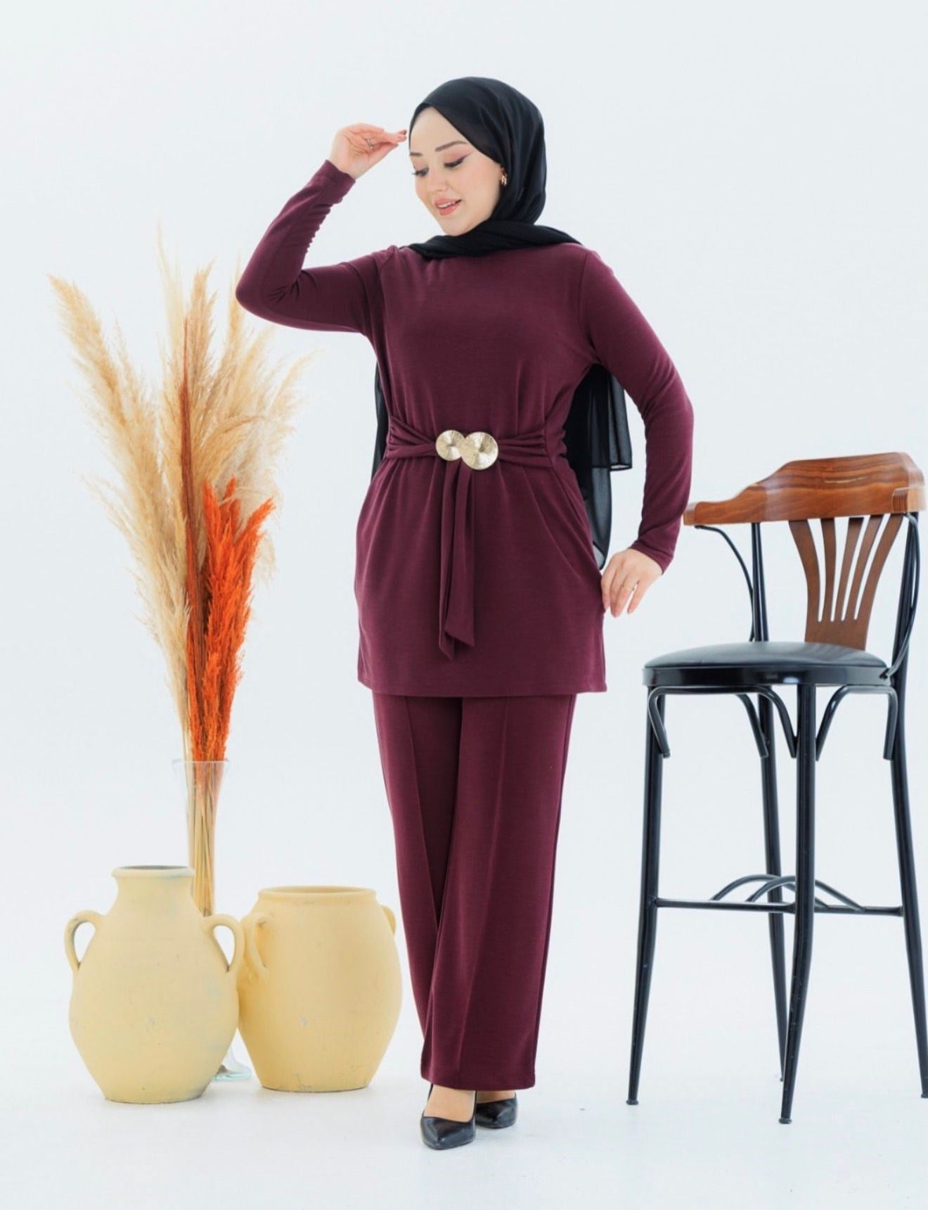 Belden Baglama Detaylı Bordo - Pantolon Takım