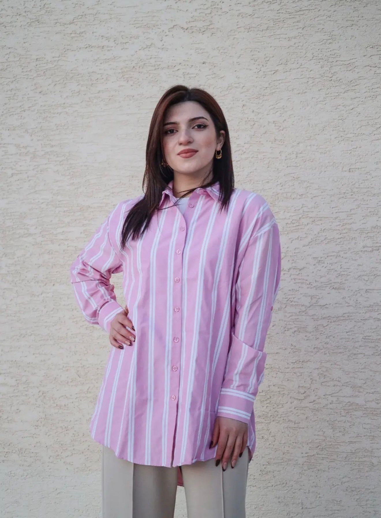 Beyaz Çizgi Detaylı Pembe - Gömlek 