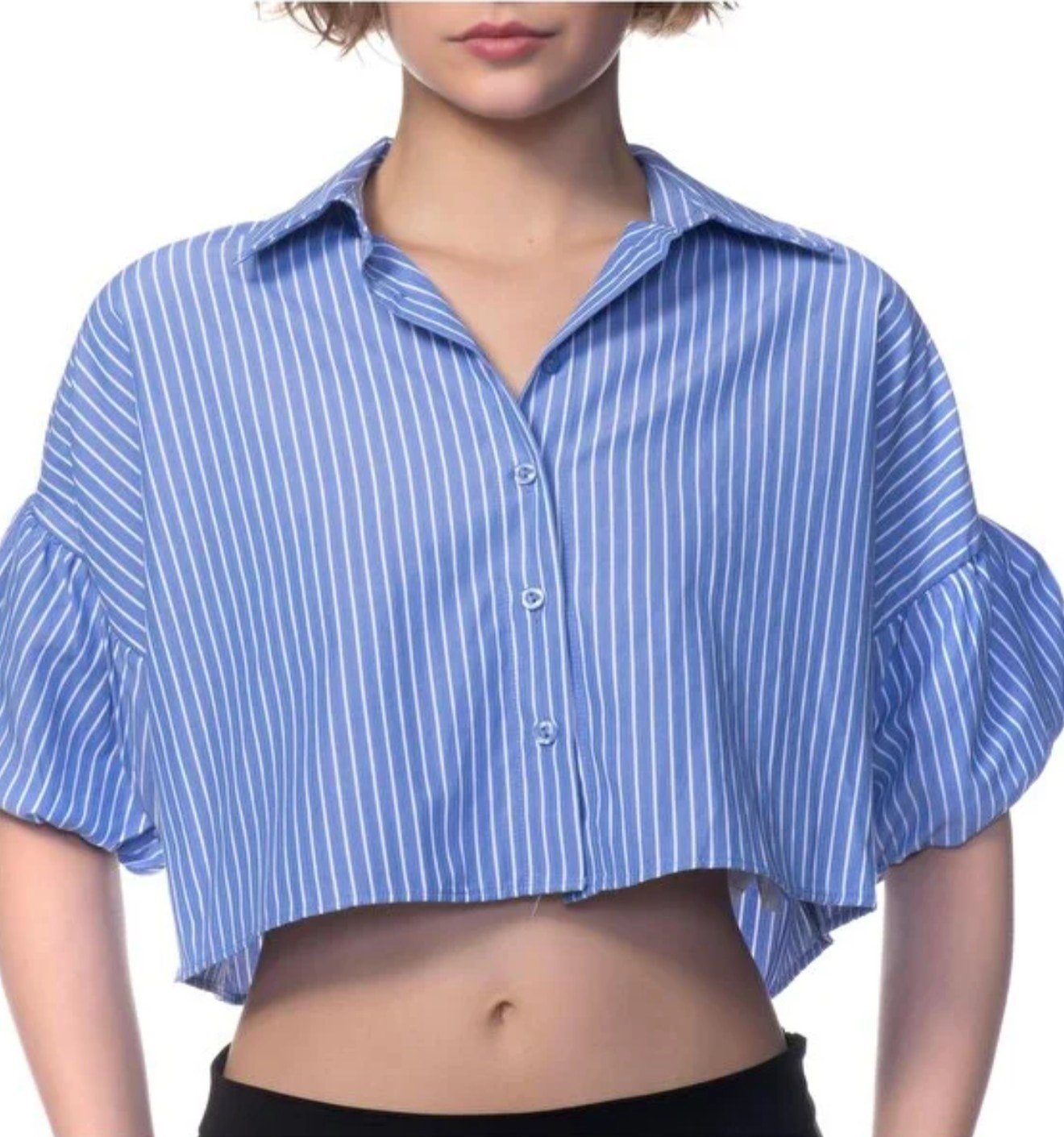 Cizgi Desenli Kısa Crop - Mavi