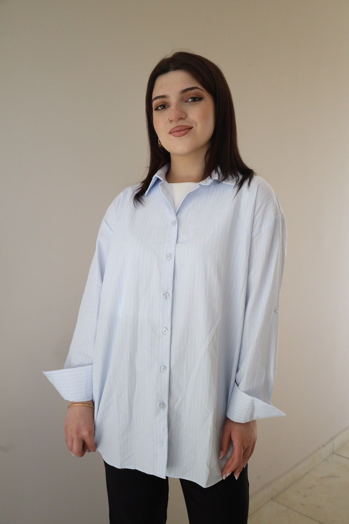 çizgi desenli oversize gömlek