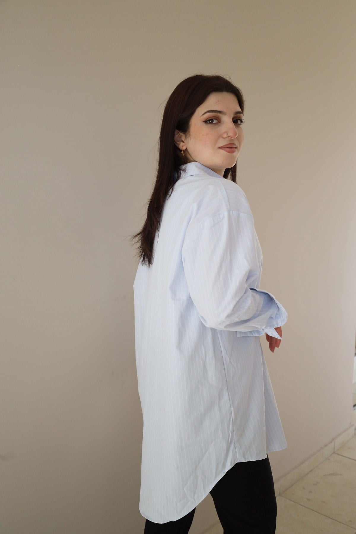 çizgi desenli oversize gömlek
