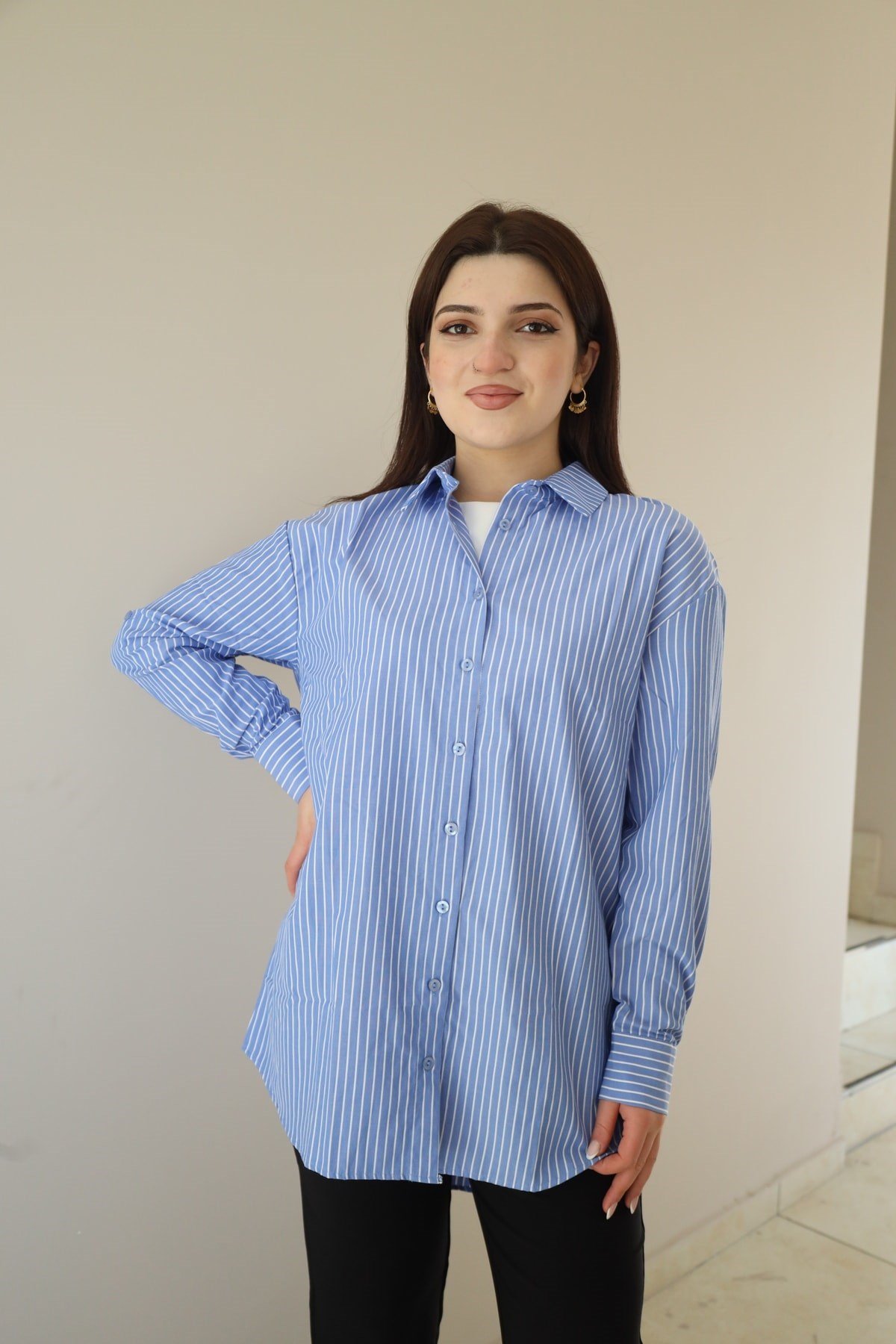 çizgi desenli oversize gömlek