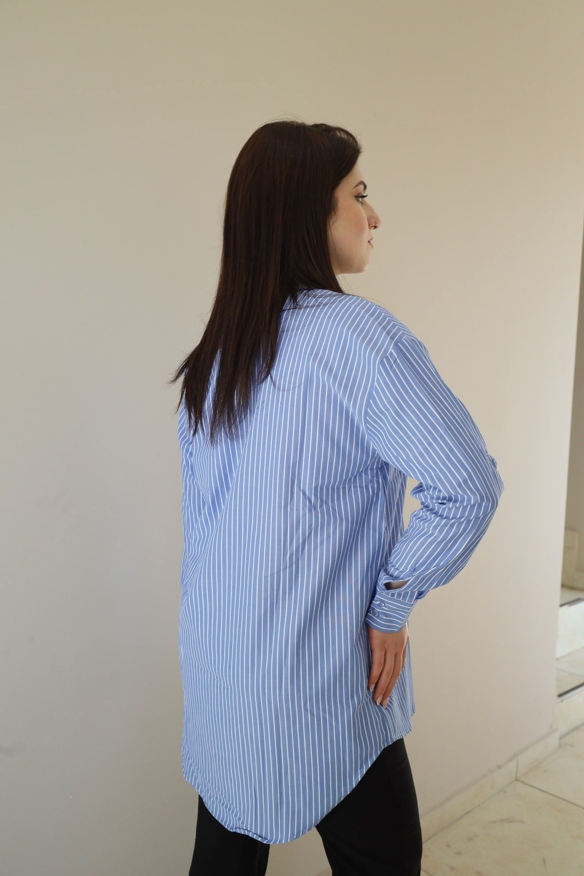 çizgi desenli oversize gömlek