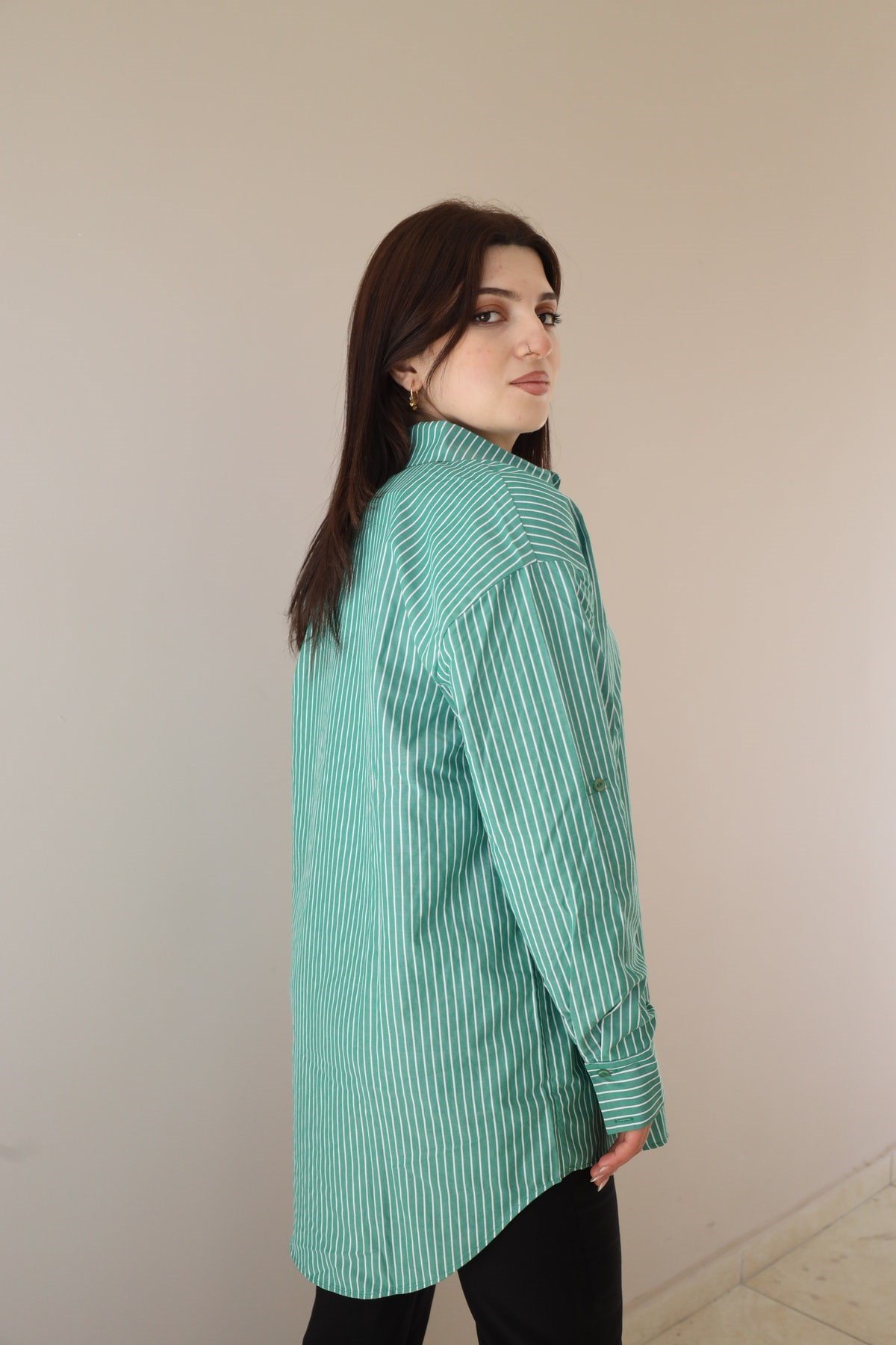 Çizgi Desenli Oversize Gömlek