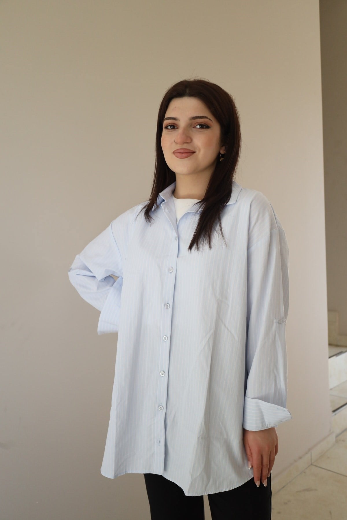 çizgi desenli oversize gömlek