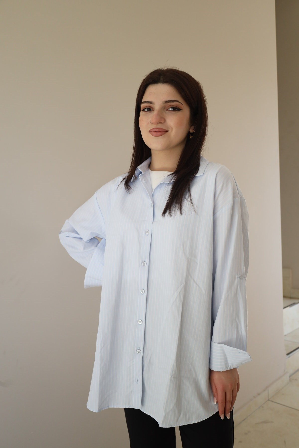 çizgi desenli oversize gömlek