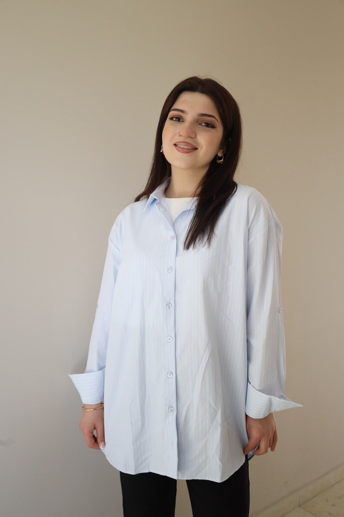 çizgi desenli oversize gömlek